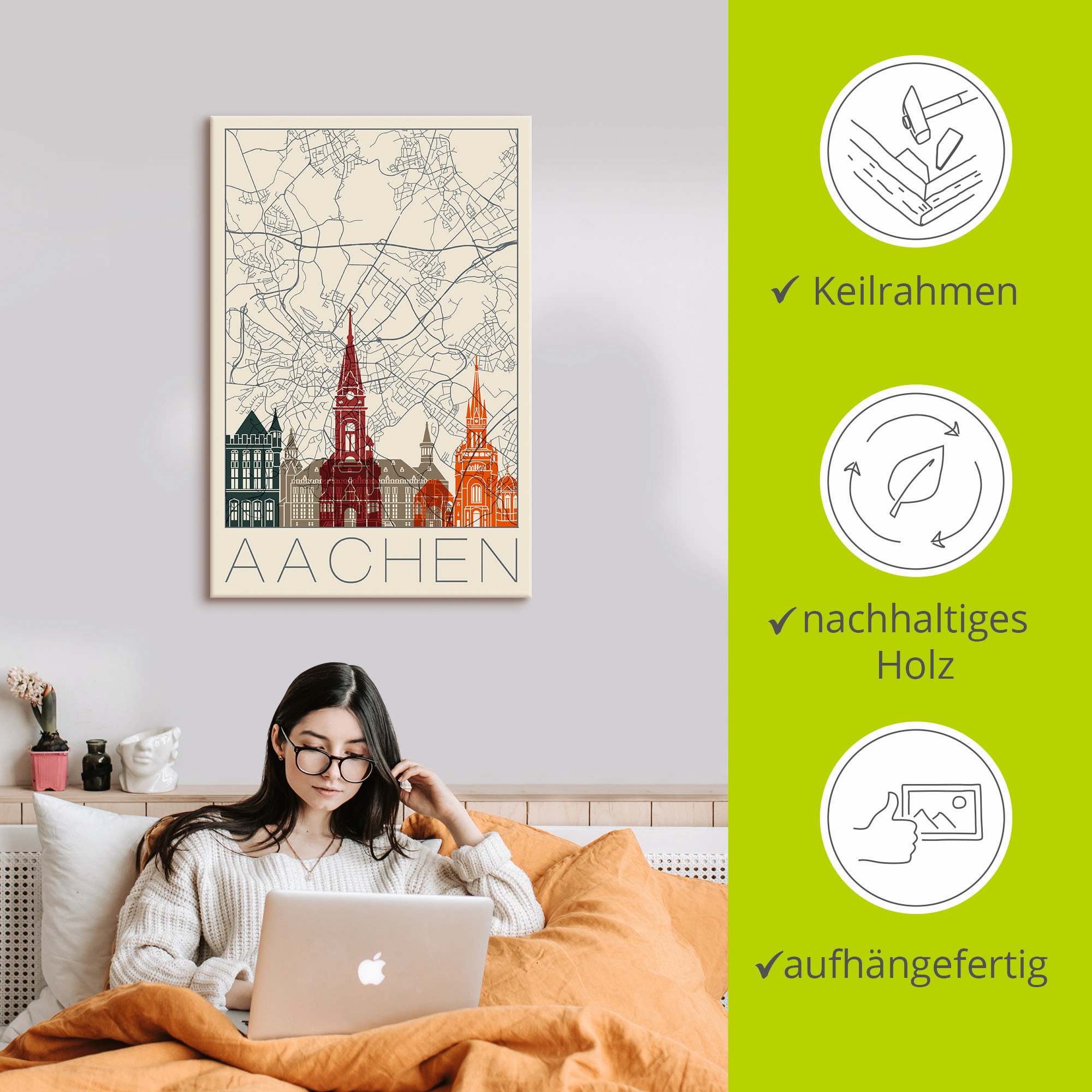 Artland Leinwandbild »Retro Karte Aachen«, Deutschland, (1 St.), auf Keilrahmen gespannt
