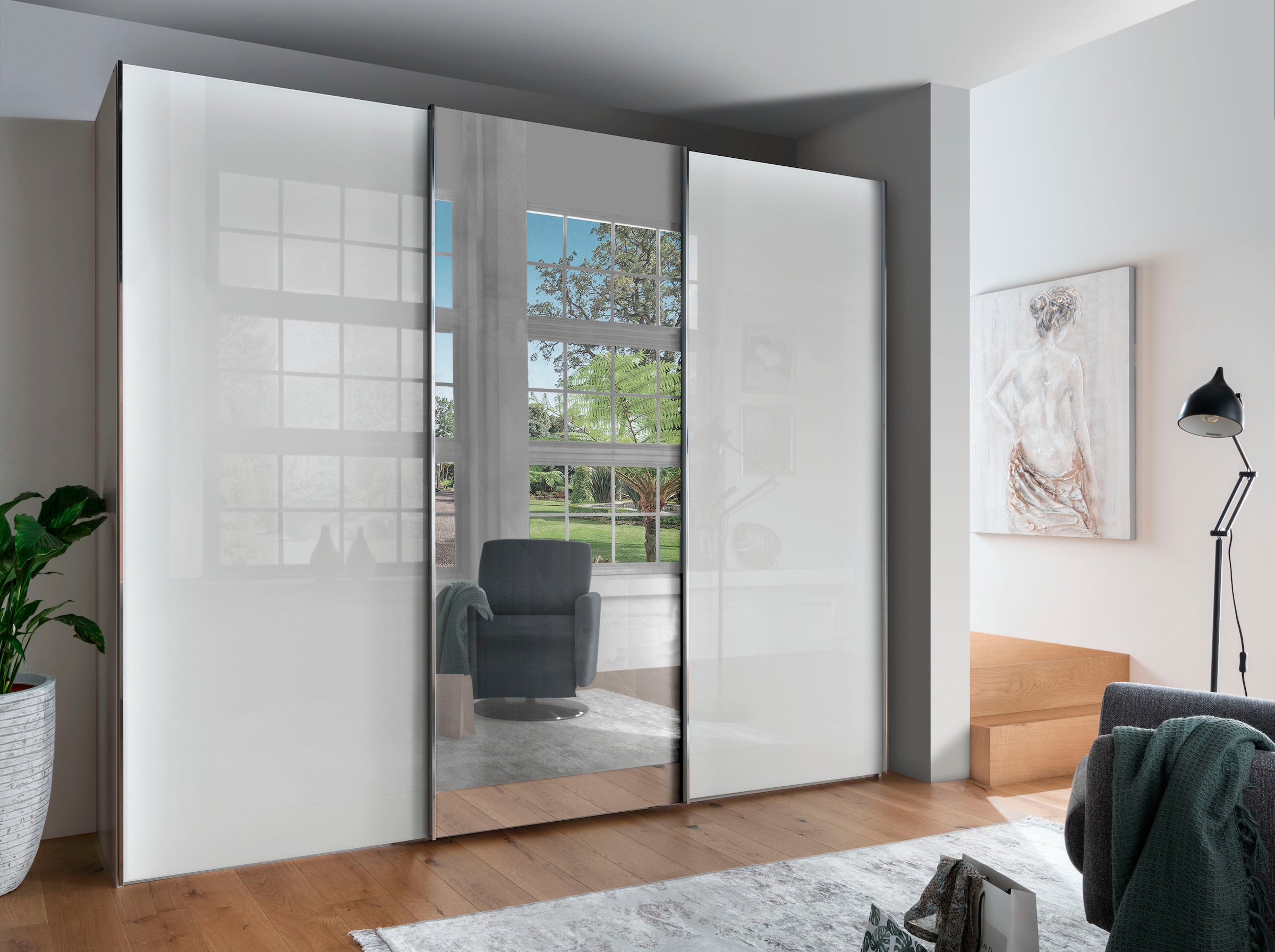 WIEMANN Schwebetürenschrank »Monaco, Kleiderschrank, Schrank, Wäscheschrank, mit Schiebetüren« 2 Breiten, 2 Höhen 216/236 cm auswählbar, MADE IN GERMANY,  hochwertige Glas- und Spiegelfront, variable Inneneinteilung