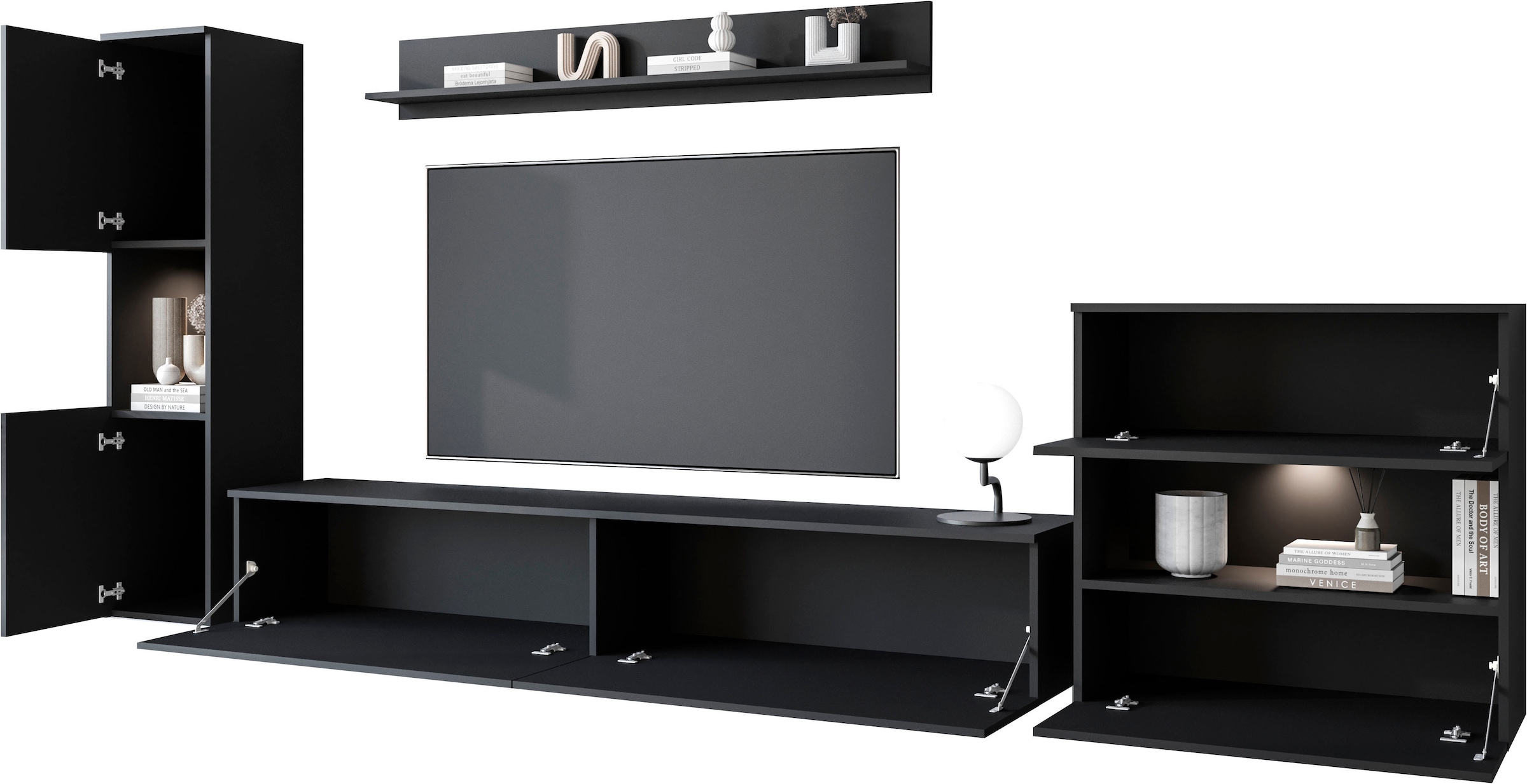 INOSIGN Wohnwand »PARIS, Vitrine Türanschlag links/rechts wechselbar«, (Komplett-Set, 4 St.), grifflose Design, stehend und hängend montierbar