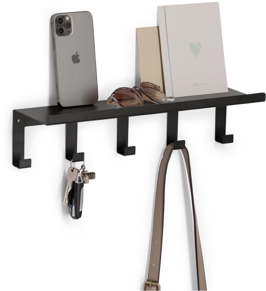 Zeller Present Wandregal »mit Haken, Metall, schwarz« geeignet für Schlüssel, Handtücher, Taschen