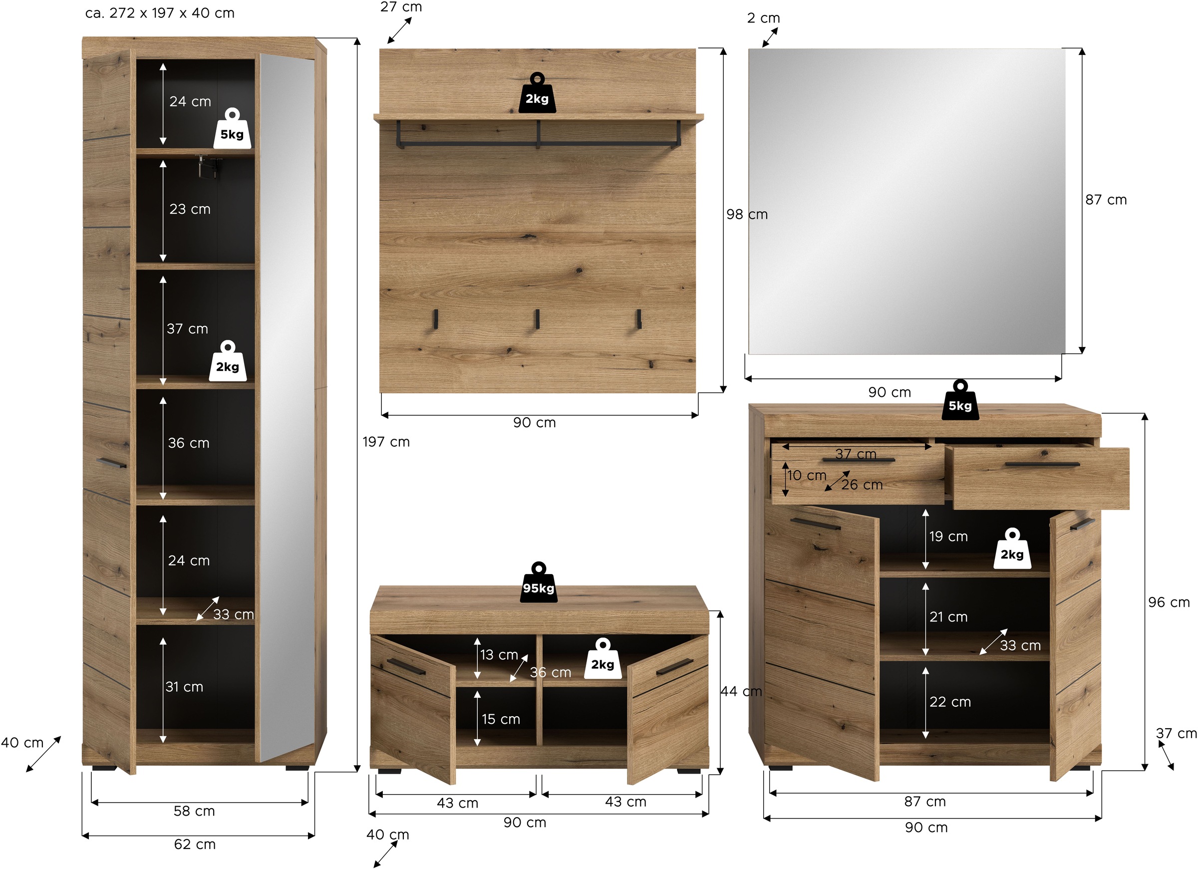 Home affaire Garderoben-Set »SIENA, Breite 272 cm, 5-teiliges Set, individuell stellbar« Komplett-Set, best.aus: Garderobenschrank, Sitzbank, Paneel, Schuhschrank & Spiegel, 5 Stk. tlg.