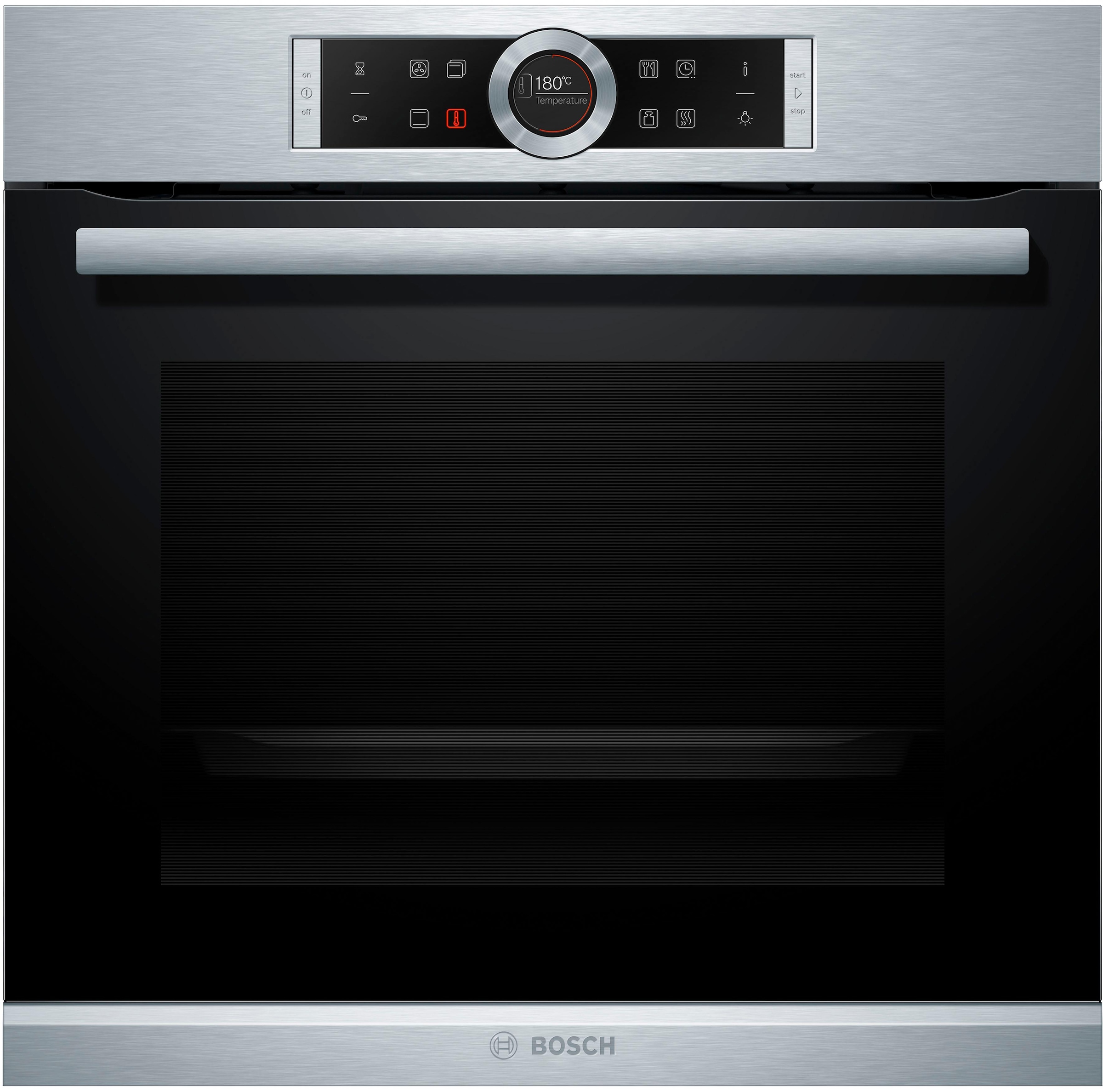 BOSCH Einbaubackofen »HBG635B«, Serie 8, mit Teleskopauszug nachrüstbar, ecoClean Direct, 4D-Heißluft-Eco-Ober-/Unterhitze Eco-Umluft-Infra-Grill-Großflächen-/Kleinflächengrill-Pizzastufe-Sanftgaren-Vorwärmen-Warmhalten-Auftaustufe, mit Pizzastufe