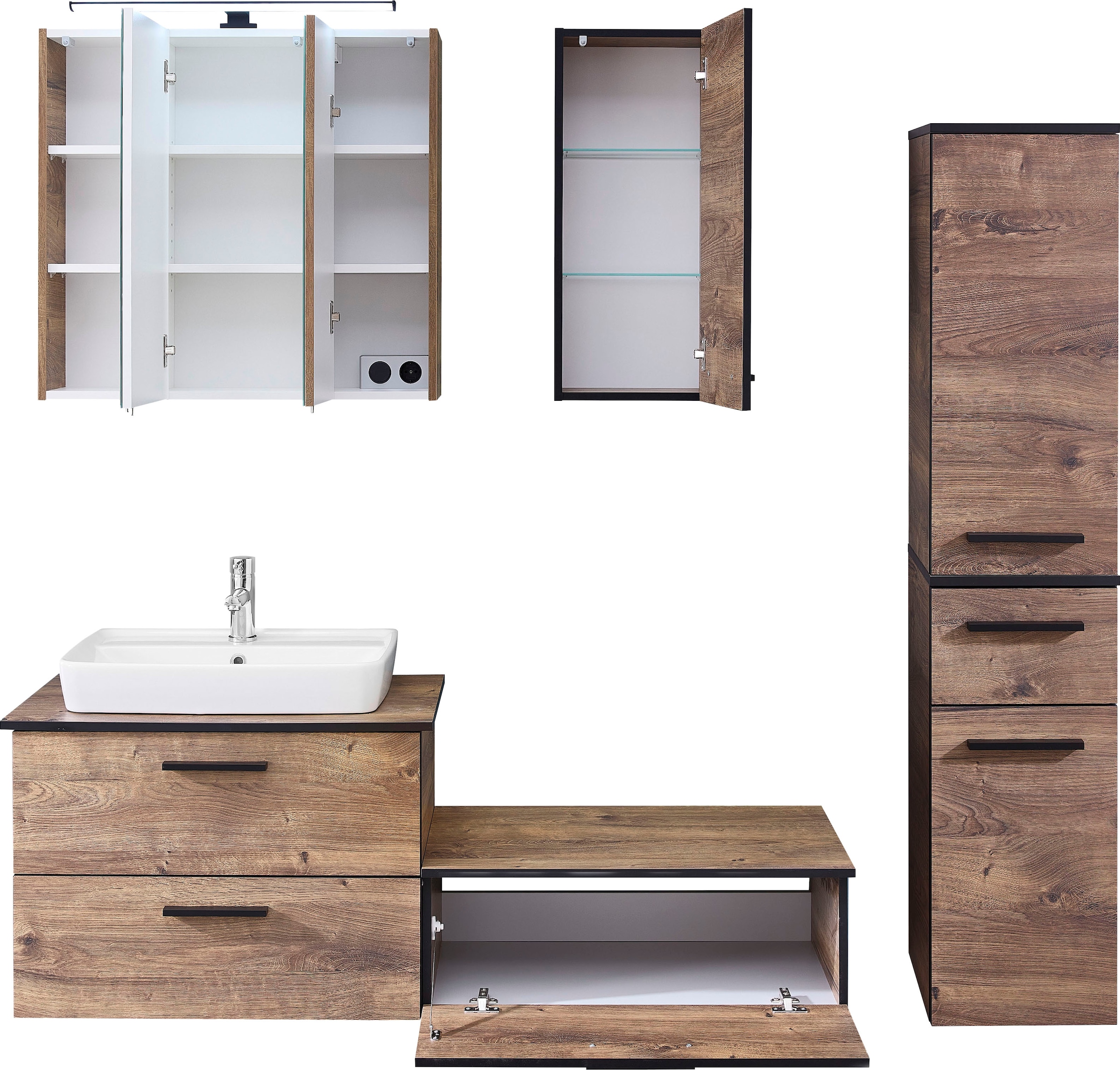 Saphir Badmöbel-Set »Quickset 374 6-teilig Keramik-Aufsatzbecken mit LED-Spiegelschrank«, (8 St.), Unterschrank, Midischrank, Hängeschrank, inkl. Türdämpfer, 6 Türen