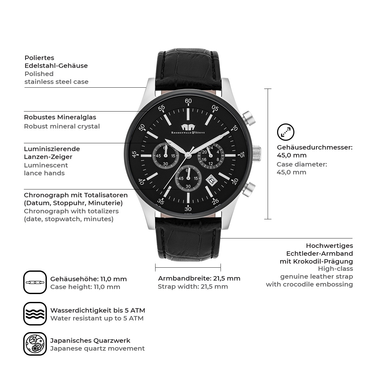 Rhodenwald & Söhne Chronograph »Goodwill T418«, (1 tlg.), aus Edelstahl