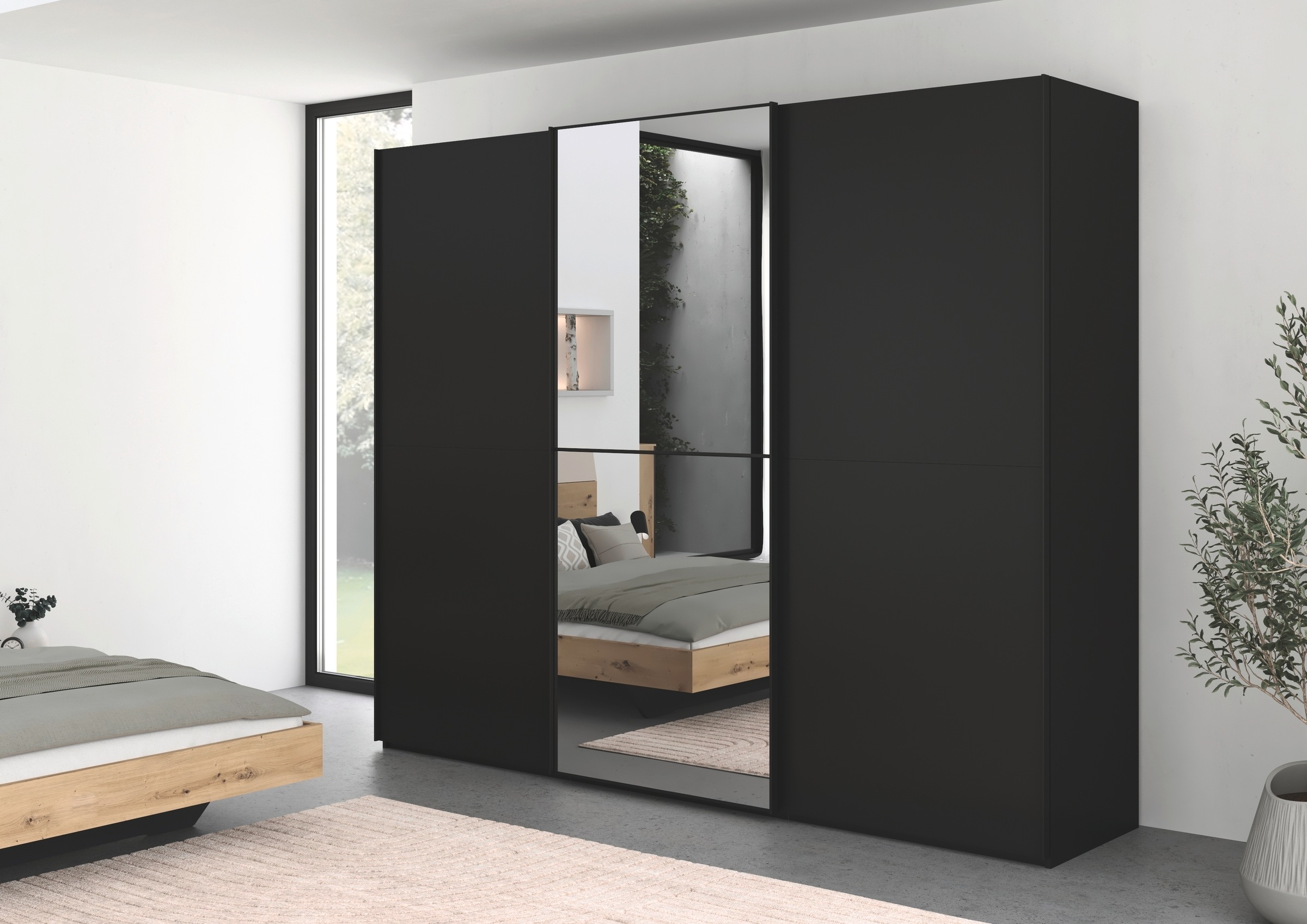 rauch Schwebetürenschrank »Kleiderschrank Schrank Garderobe Schlafzimmerschrank SCALE-DUO«, edle zweigeteilte Türen, Spiegel und 3 Zierleisten MADE IN GERMANY