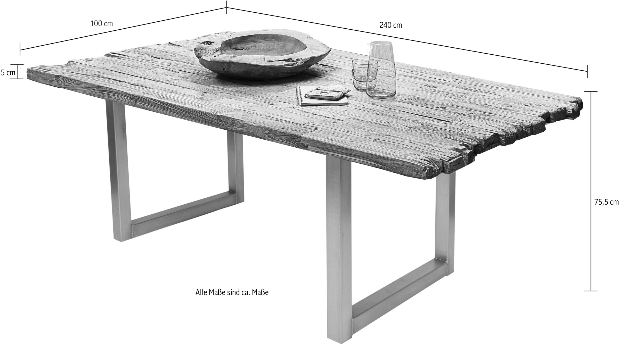 SIT Esstisch, Platte mit Bruchkante aus recyceltem Holz