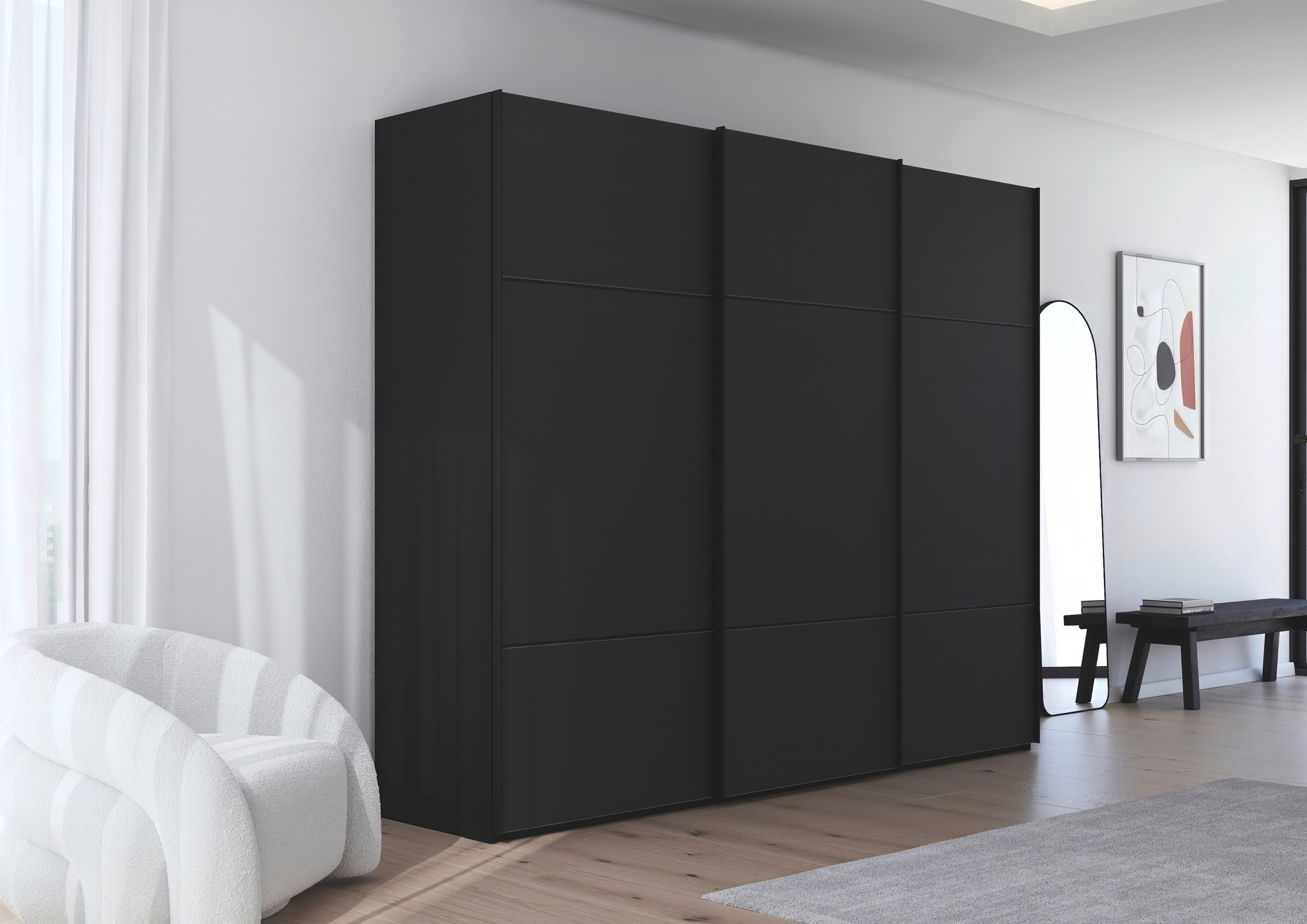 rauch Schwebetürenschrank »Kleiderschrank Schrank Garderobe Schlafzimmerschrank SCALE-TRIO«, edle dreigeteilte Front mit 2 Zierleisten Glasfront MADE IN GERMANY