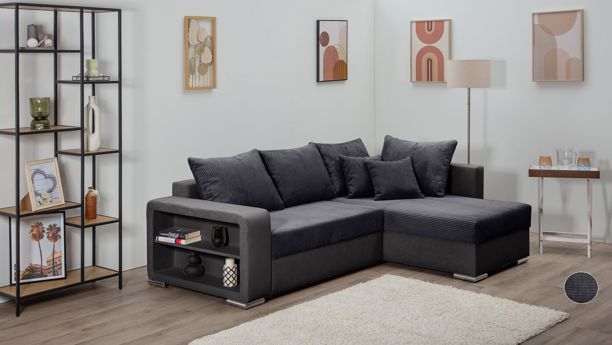 COLLECTION AB Ecksofa "John L-Form, B: 226 cm" Schlaffunktion, Bettkasten, Regalelement & 2 Zierkissen