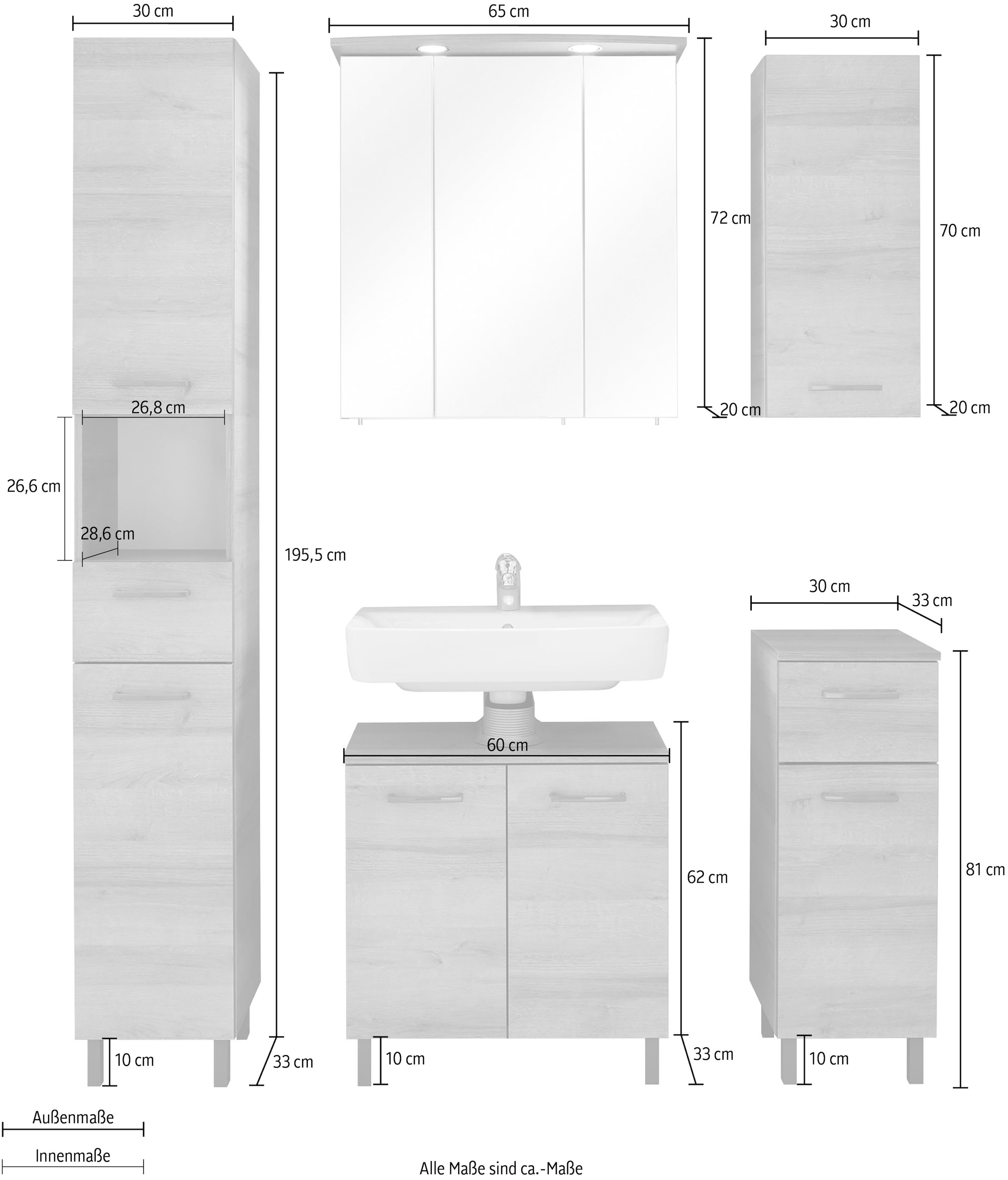 Saphir Badmöbel-Set »Quickset 919 5-teilig, Waschbeckenunterschrank mit LED-Spiegelschrank«, (5 St.), Hochschrank, Unterschrank, Hängeschrank, 9 Türen, inkl. Türdämpfer