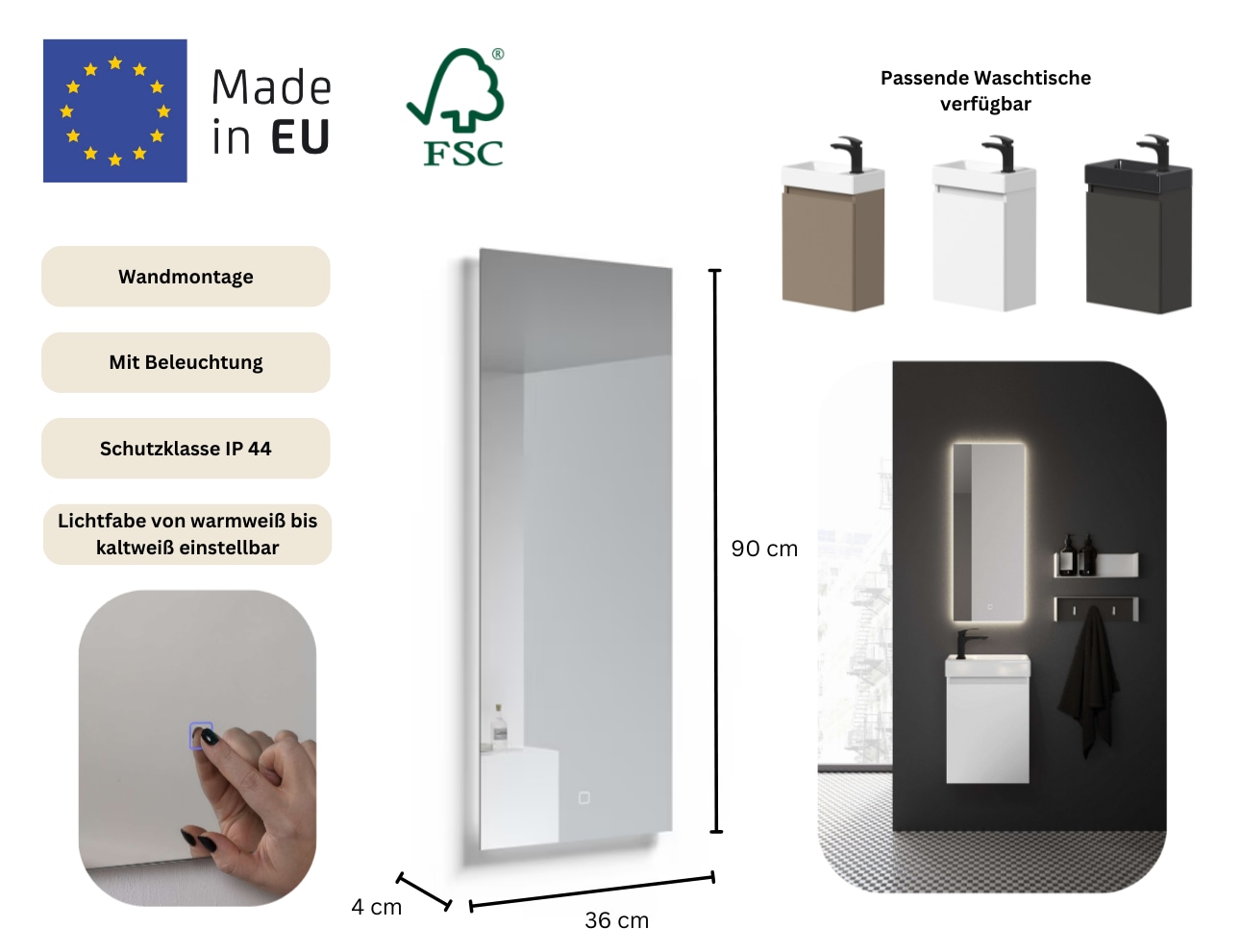 welltime Spiegel »Mini, Badmöbel, Waschtischunterschrank inkl. Waschbecken« mit Ambiente LED Licht, Breite 36 cm, FSC®-zertifiziert