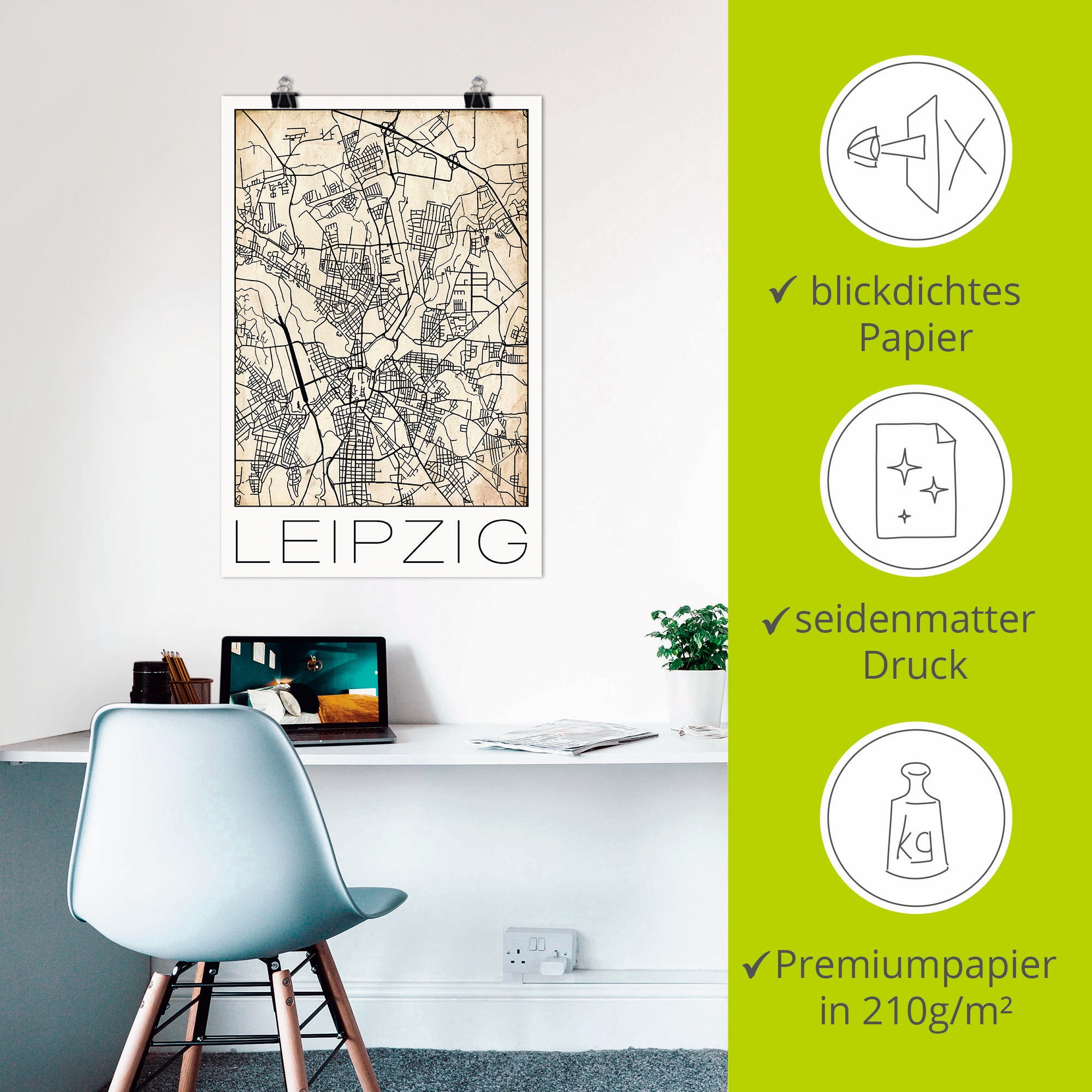 Artland Wandbild »Retro Karte Leipzig Deutschland Grunge«, Deutschland, (1 St.), als Alubild, Leinwandbild, Wandaufkleber oder Poster in versch. Größen