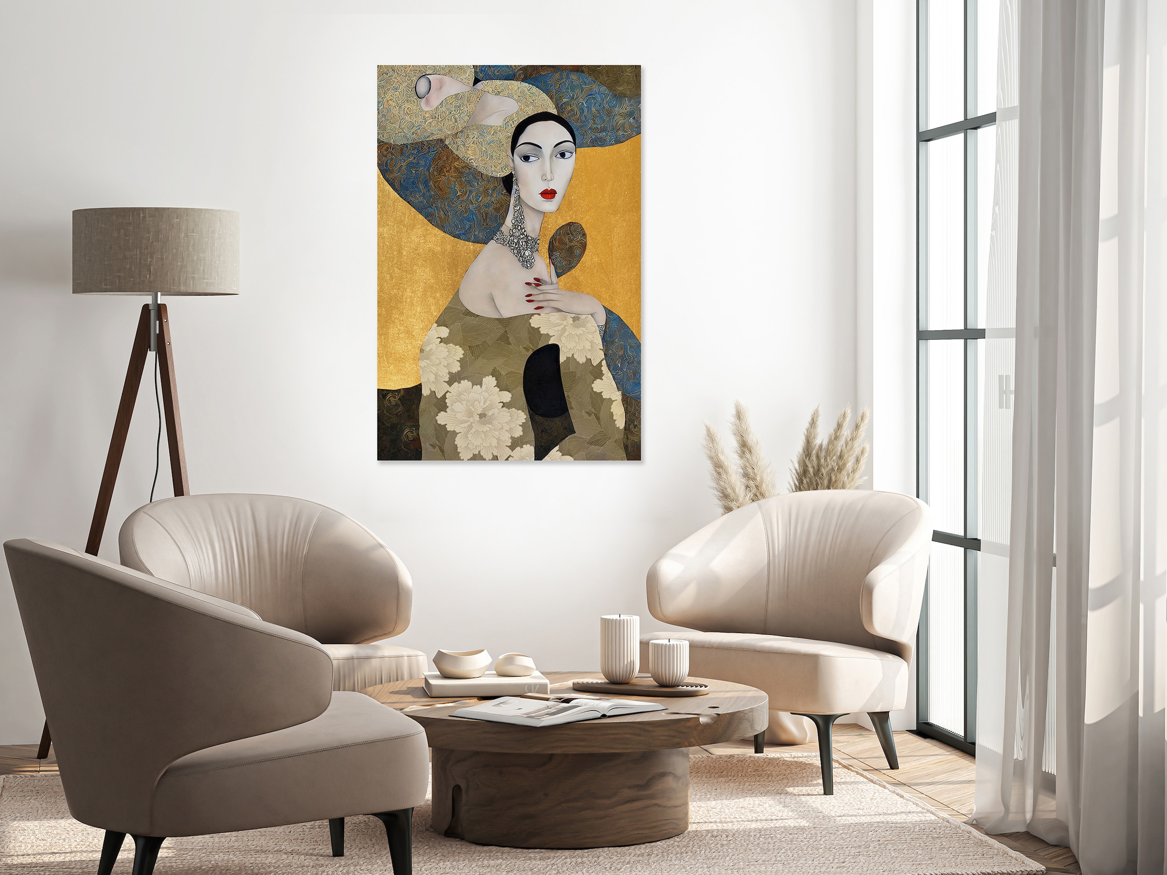 queence Acrylglasbild »Wandbild, Goldbild, Bild Kunstkopie, Jugenstil, Frau mit Kette am Hals« Abstrakte | Fantasy | Kunst Handveredelt mit Blattgold für eine edle und zeitlose Optik.