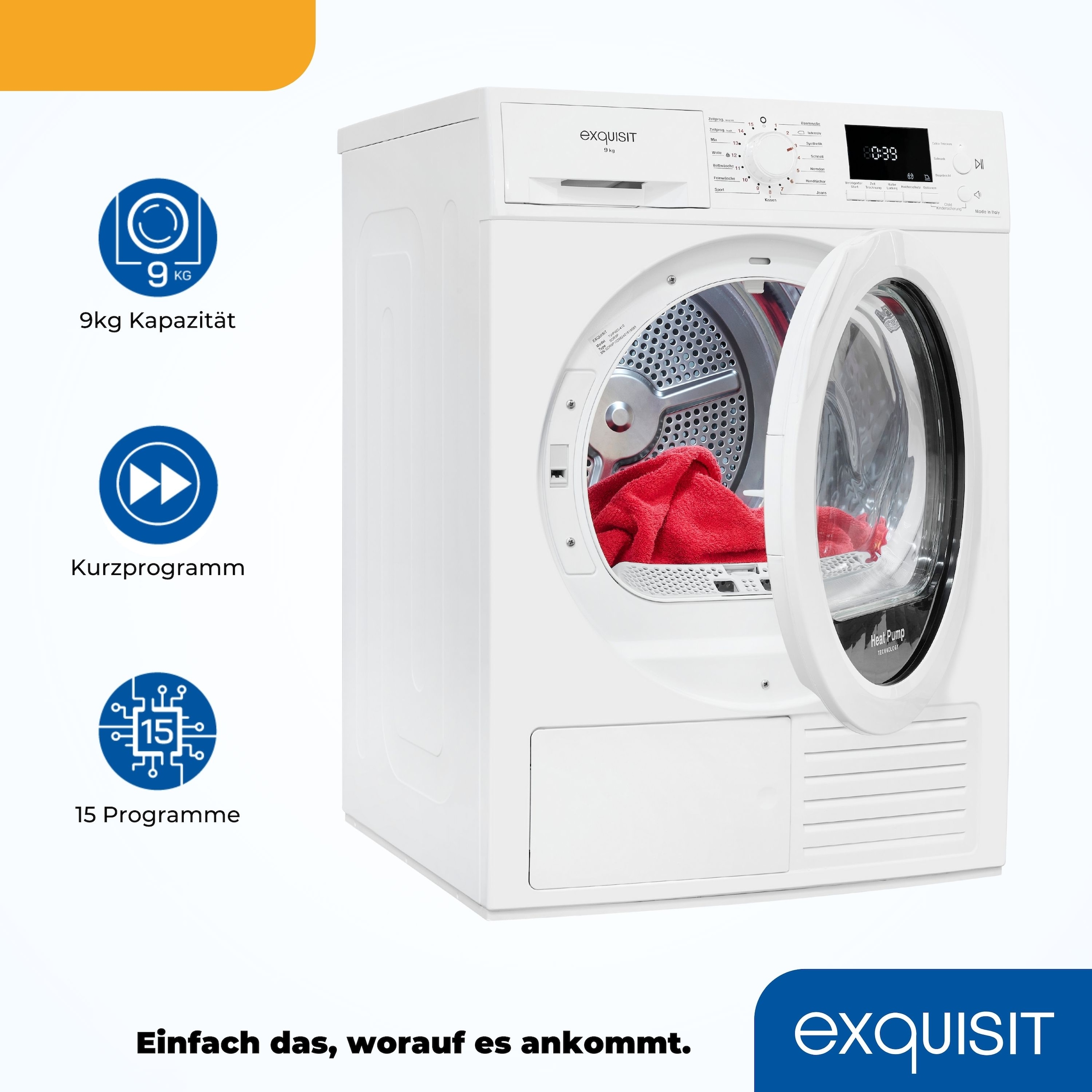 exquisit Wärmepumpentrockner »TWP903-410 weiss«, 9 kg, 15 Programme, Startzeitvorwahl, Knitterschutz, LED-Licht