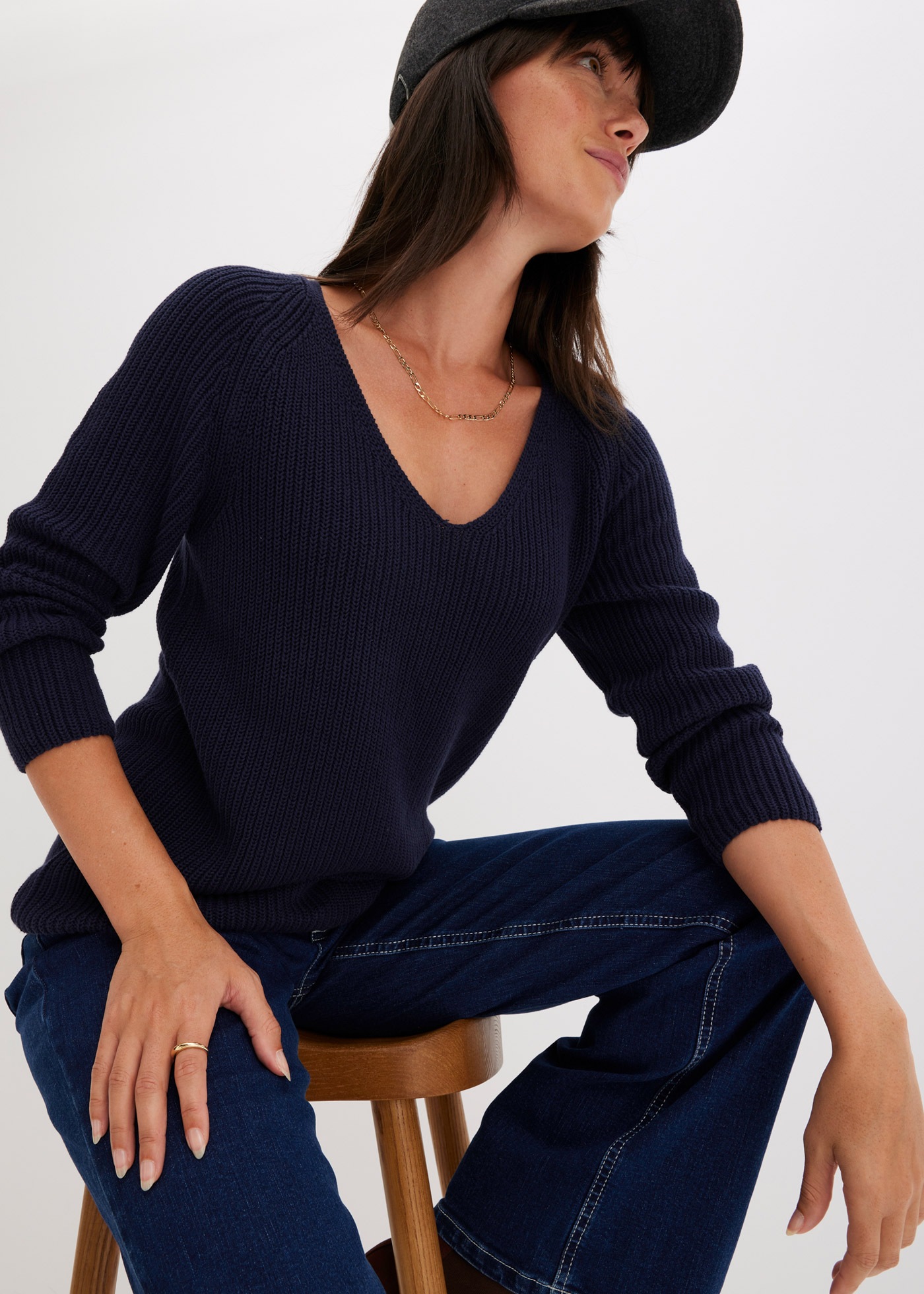 bonprix Strickpullover »Gerippter Pullover aus reiner Baumwolle« aus reiner Baumwolle, mit V-Ausschnitt, unifarben, lässige Passform