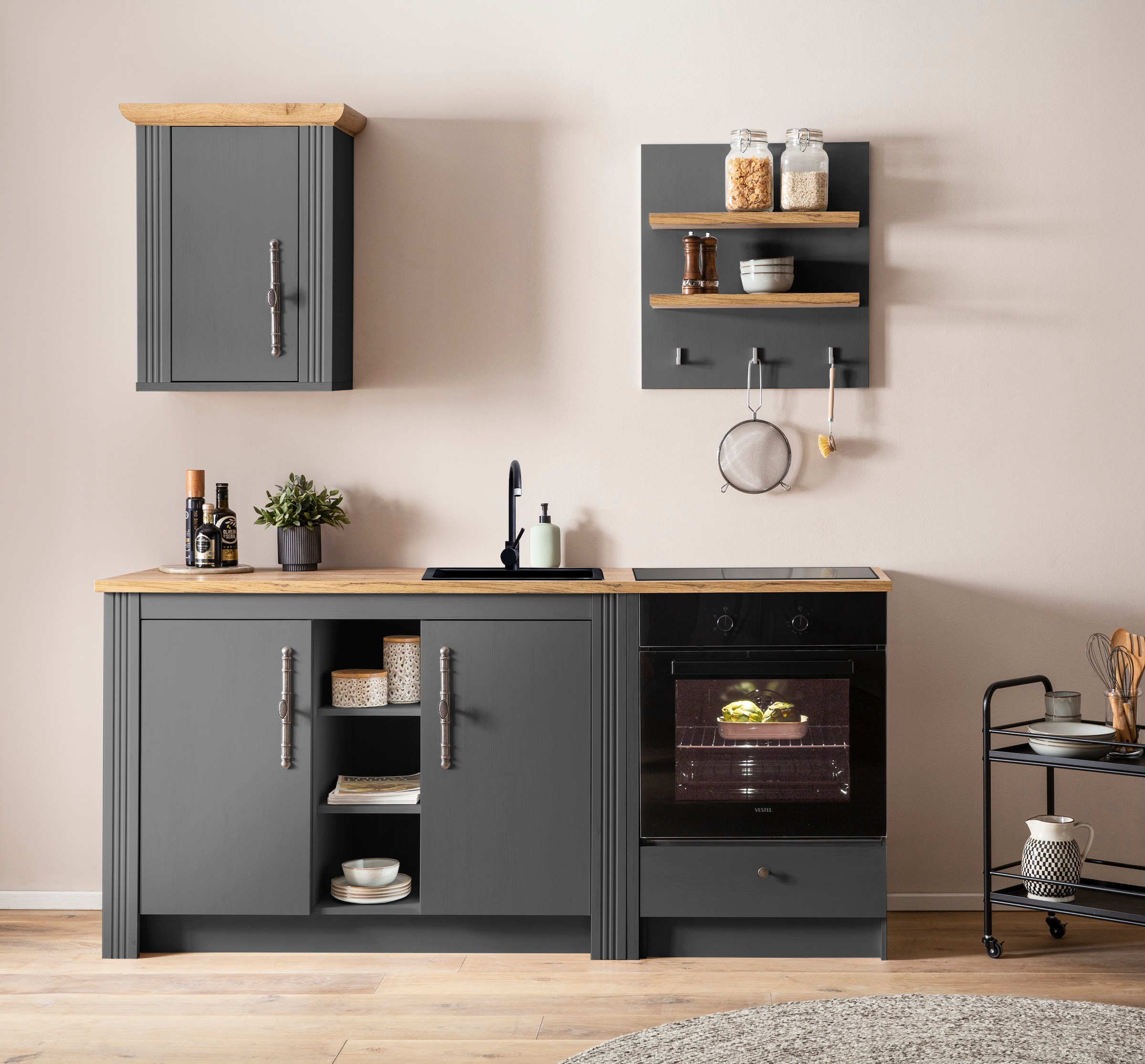 KOCHSTATION Küchenzeile »KS-Westminster, Pantryküche im Landhaus Stil, hochwertige Metallgriffe«, (Set), Breite 194 cm, Kommode, Wandpaneel, Hängeschrank und Herdumbau