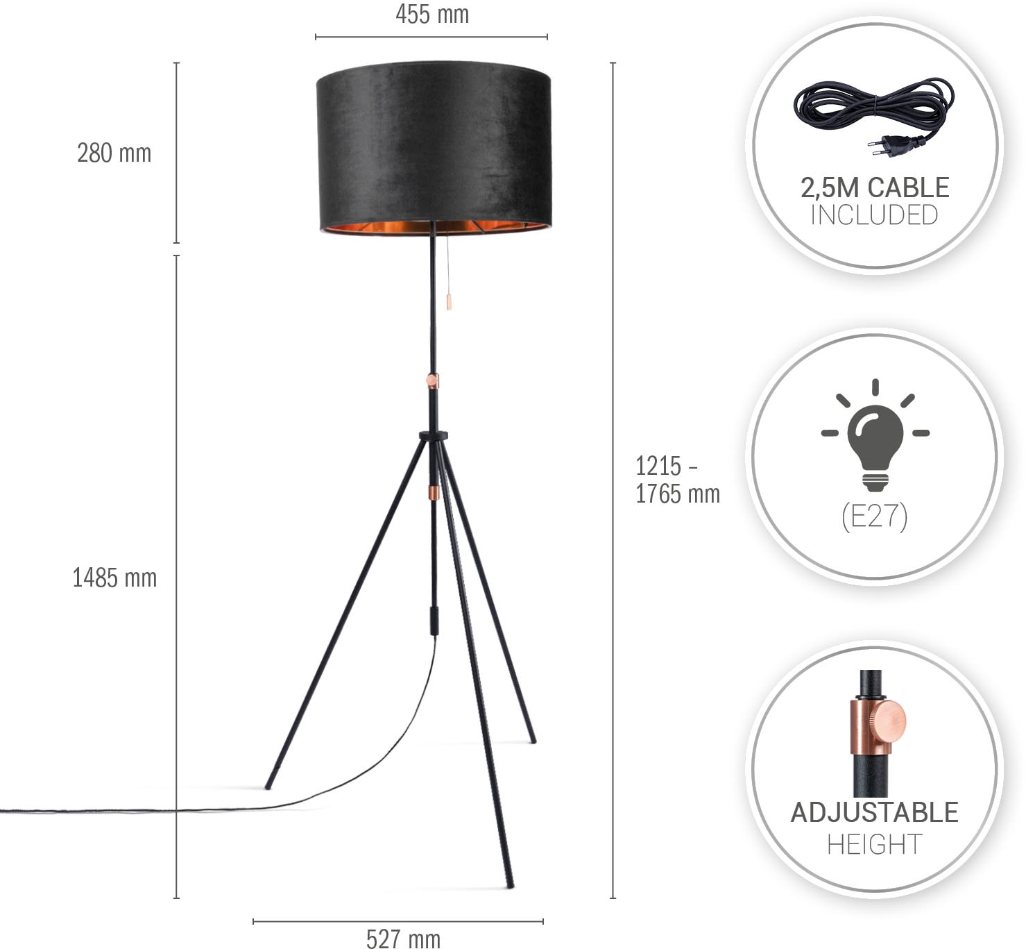 Paco Home Stehlampe »Naomi uni Color«, Leuchtmittel E27 | ohne Leuchtmittel, Wohnzimmer Höhenverstellbar 121,5 bis 176,5 cm Zugschalter Velour