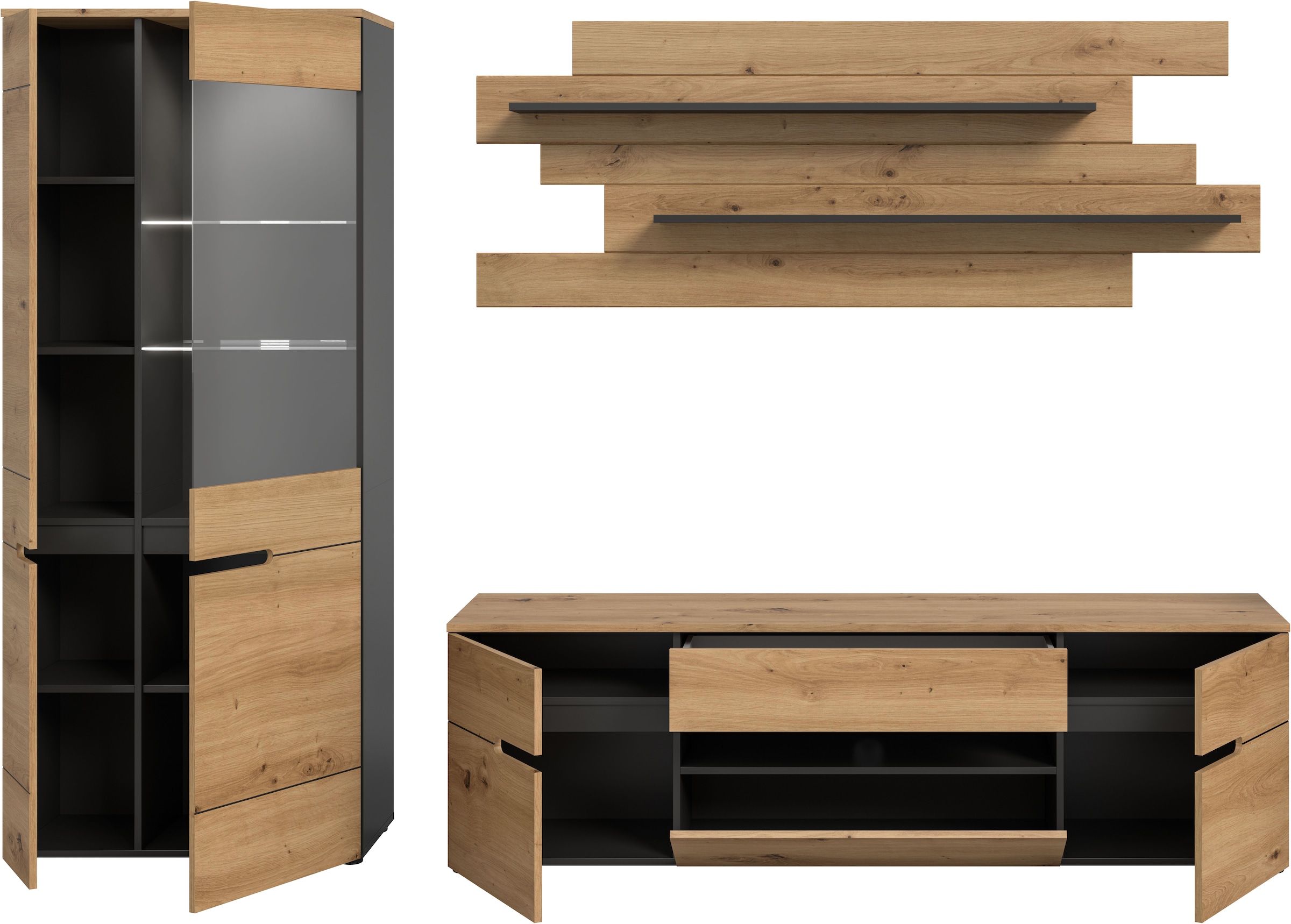 INOSIGN Wohnwand »REHAT, TOPSELLER!, 3-teilig, Breite 280 cm, inklusive Beleuchtung« Set inkl. Beleuchtung, bestehend aus: Vitrine, Lowboard und Wandboard, 5 Stk. tlg. Kombination, Anbauwand, Set, Wohn-Set, Wohnzimmer-Set, Schrankwand