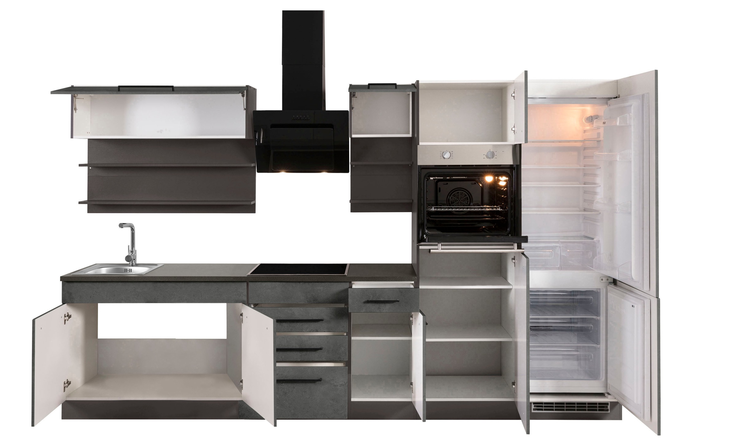 KOCHSTATION Küchenzeile »KS-Tulsa«, mit E-Geräten, Breite 330 cm, schwarze Metallgriffe, MDF Fronten