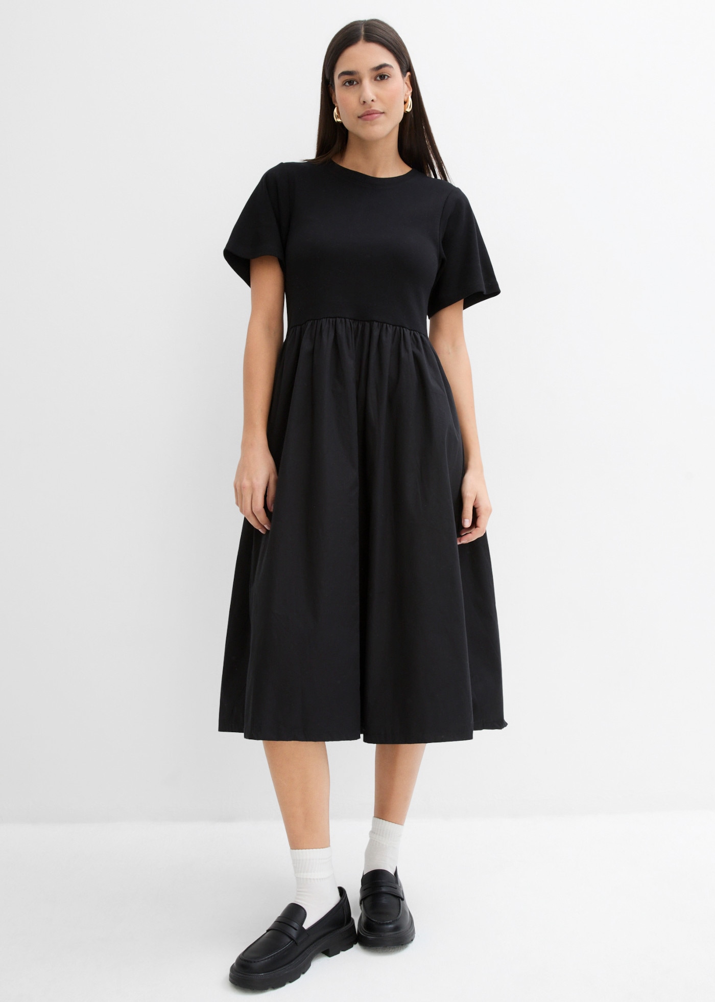 bonprix Midikleid aus Baumwolle, A-Linien-Passform, Kurzarm-Design, Midilänge