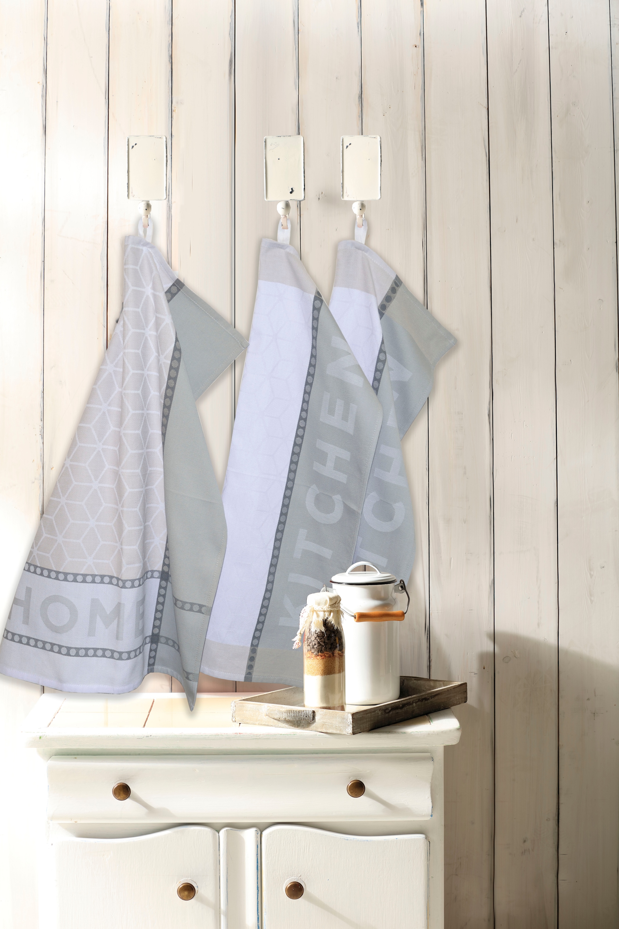 Dyckhoff Geschirrtuch »HOME & KITCHEN, Maße je Tuch ca. 50x70 cm, aus 100% Baumwolle«, (Set, 3 tlg.), mit zwei verschiedenen Motiven