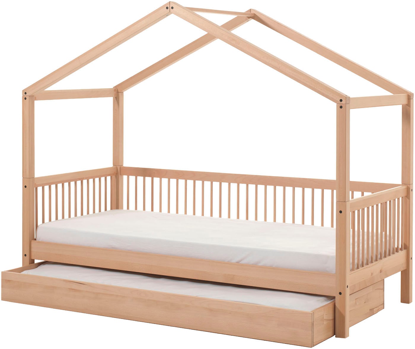 Vipack Hausbett »Forrest mit hochwertiger und stabiler Verarbeitung, Made in Europe« Buche massiv natur, 90/200 cm, inkl. Bettschublade auf Rollen,  wahlweise ohne oder mit Textilhimmel