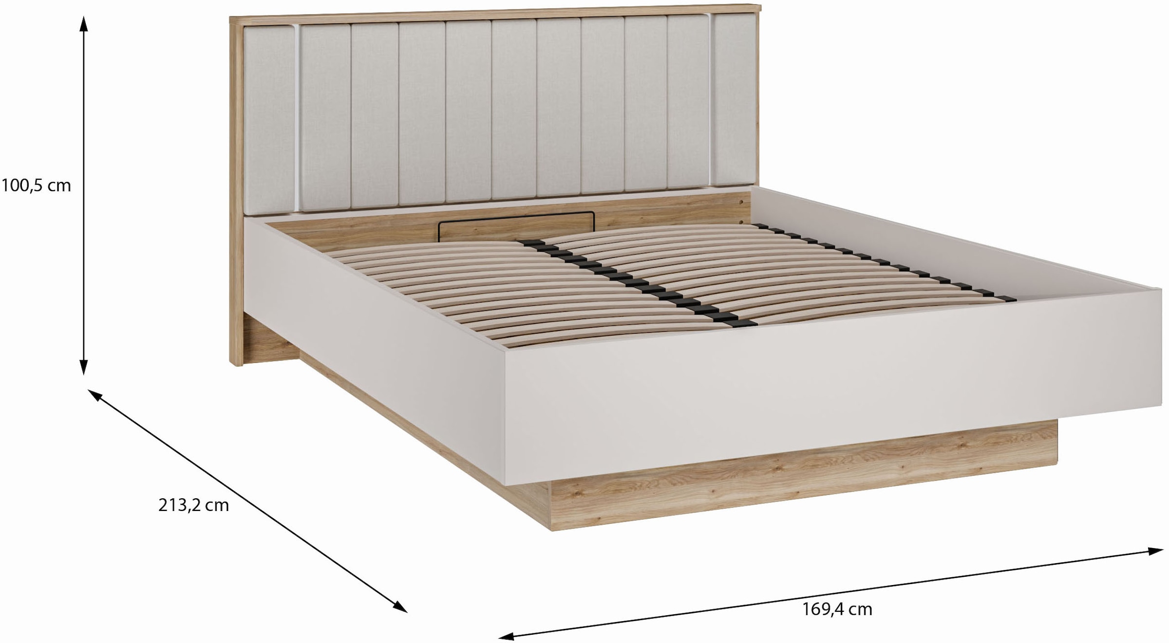 FORTE Bettgestell »Forte Seravel Bettanlage 140 o.160,  Lamellenoptik, warme Holznuancen« inklusive Beleuchtung, aufklappbarer Lattenrost, Stauraum