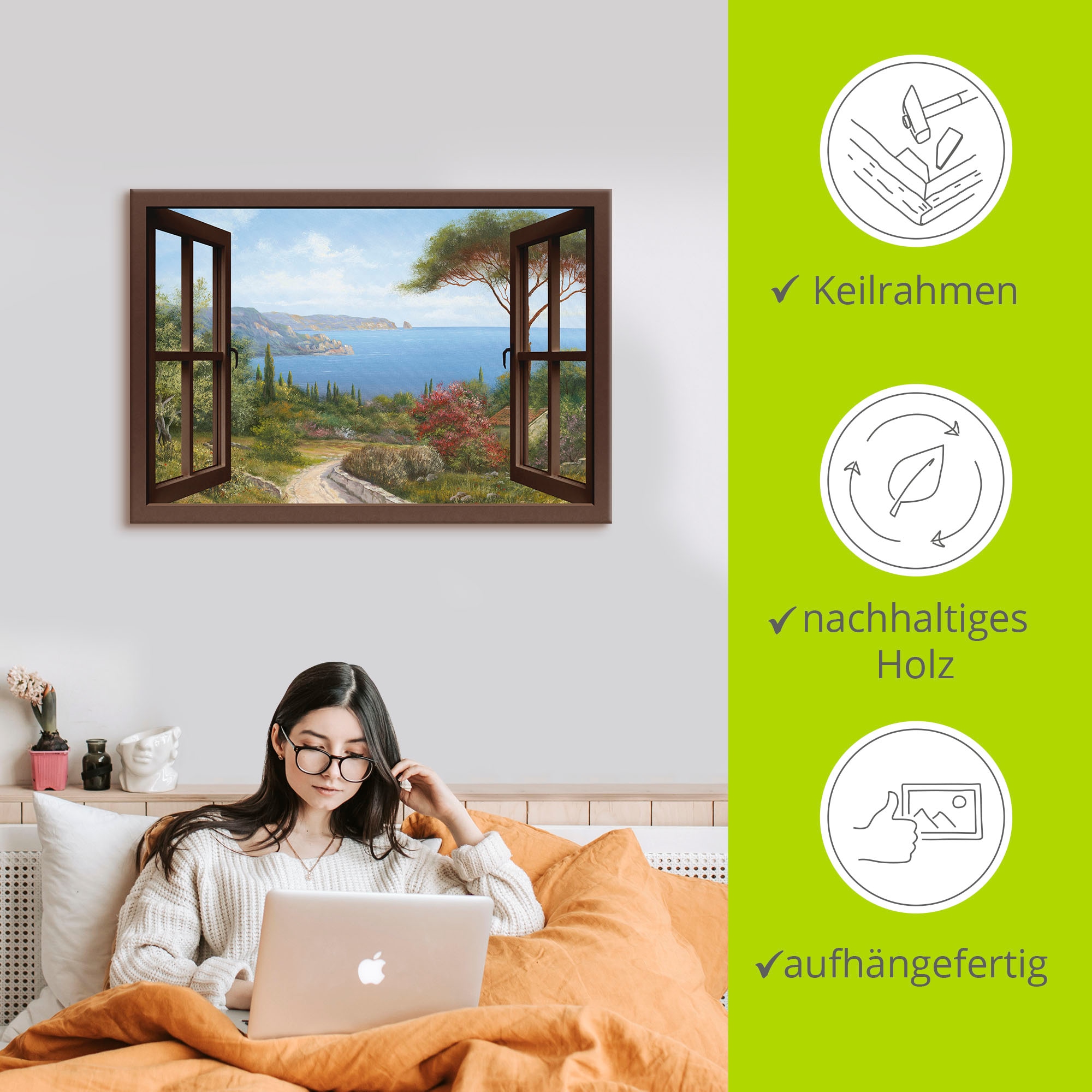 Artland Wandbild »Fensterblick Frühlingsmorgen«, Fensterblick, (1 St.), als Leinwandbild, Poster, Wandaufkleber in verschied. Größen
