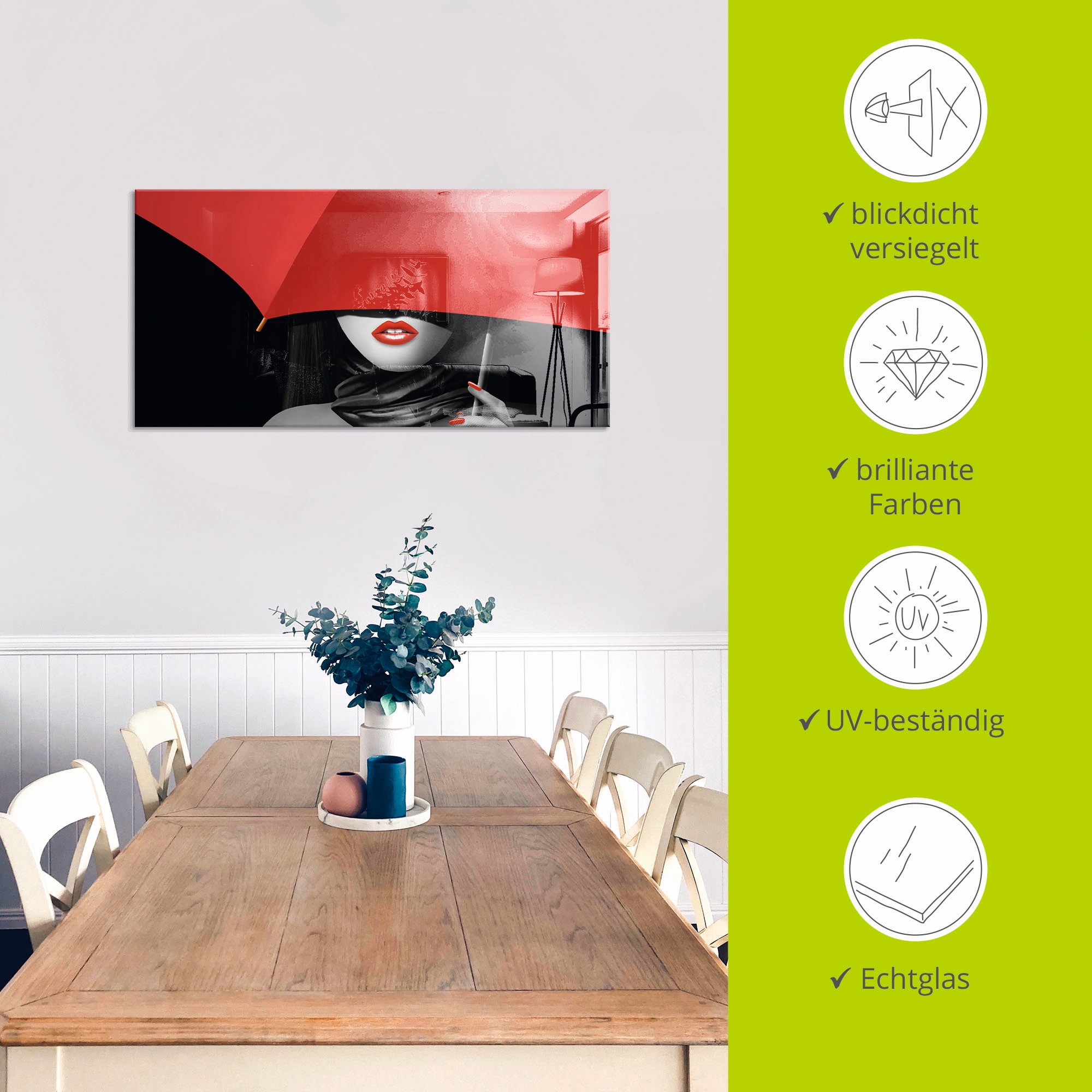 Artland Glasbild »Rote Lippen unter dem Regenschirm«, Frau, (1 St.), in verschiedenen Größen