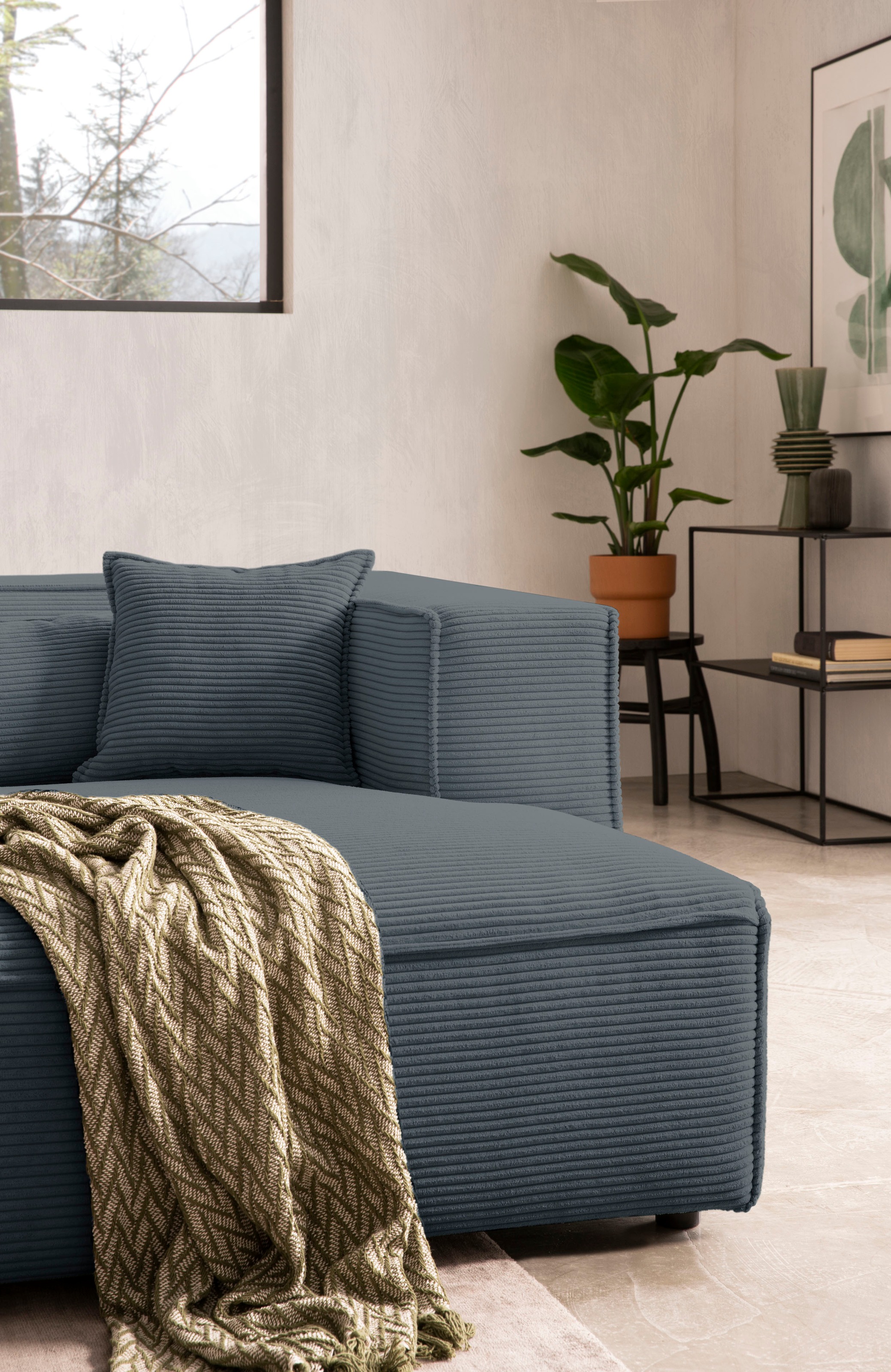 LeGer Home by Lena Gercke Ecksofa »PIARA mit Kedernaht in Cord oder Leinenoptik, moderne Couch in L-Form«, wahlweise Ottomane rechts/links, schwarze Füße, bequemer Sitzkomfort