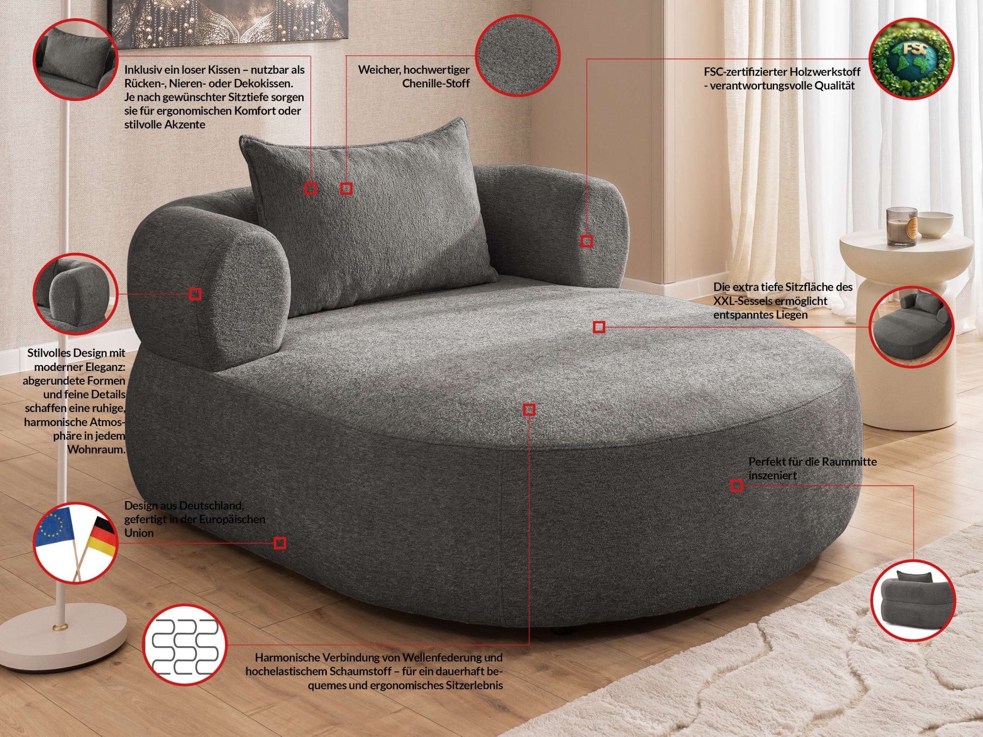 Home affaire XXL-Sessel »LUSSAC Loveseat extra tief, große Sitzfläche, Maße B/T/H: 123/158/78cm« hoher Sitzkomfort und modernes Design, Sofa ohne Bettfunktion