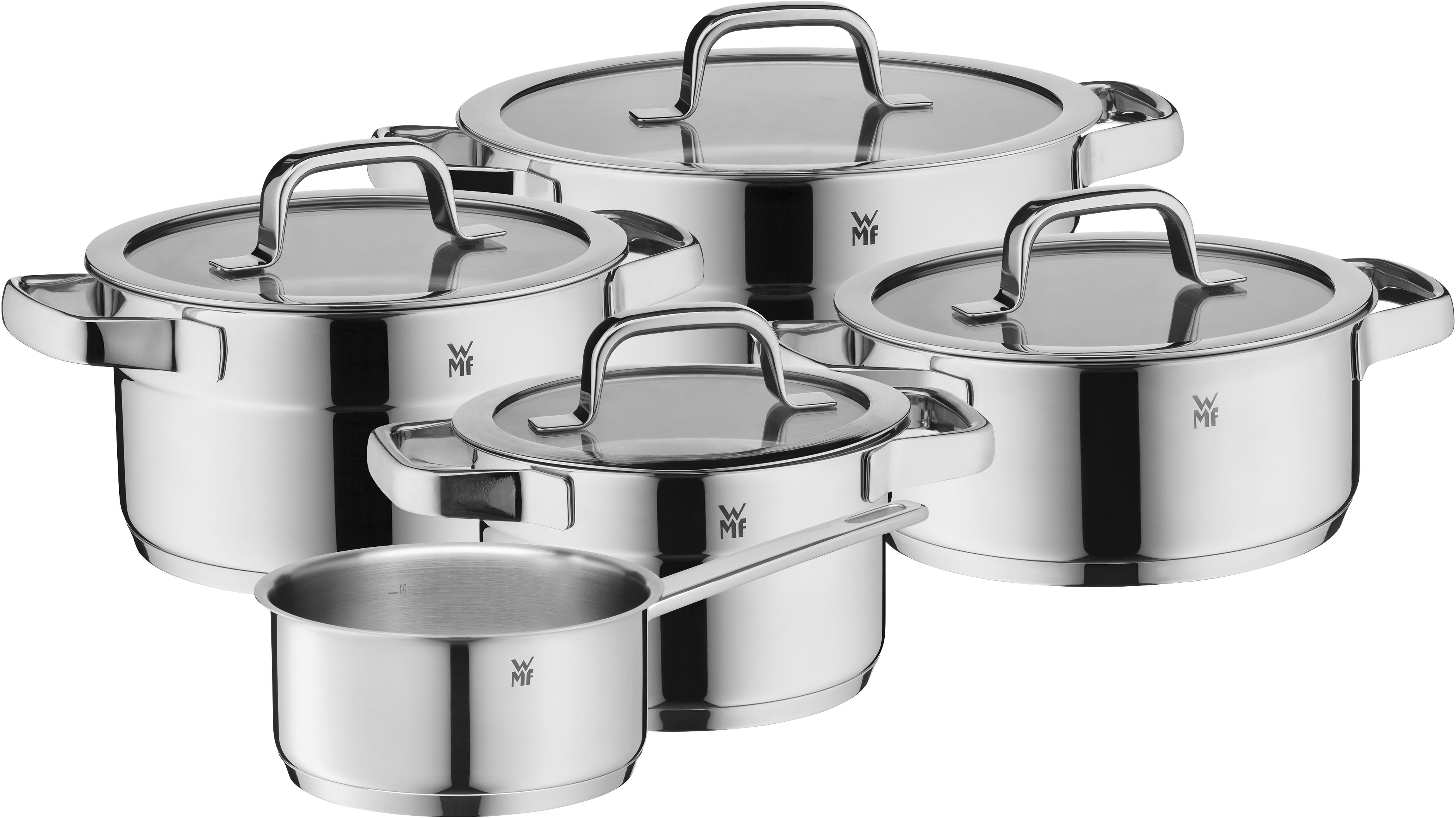 WMF Topf-Set "Compact Cuisine, Topfset Induktion mit Glasdeckel, stapelbar" Set, 9 Stk. tlg. Cromargan Edelstahl Rostfrei 18/10