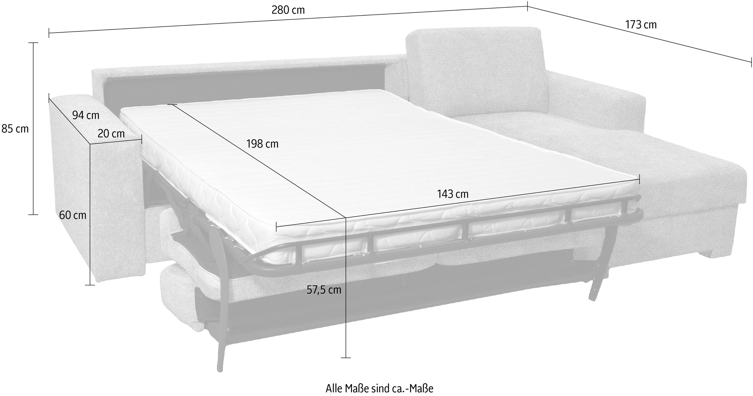 Home affaire Ecksofa »Roma "M" Matratzenhöhe 14 cm, Dauerschlaffunktion, mit Unterfederung,«, Liegemaße ca 143x198 cm, L-Form