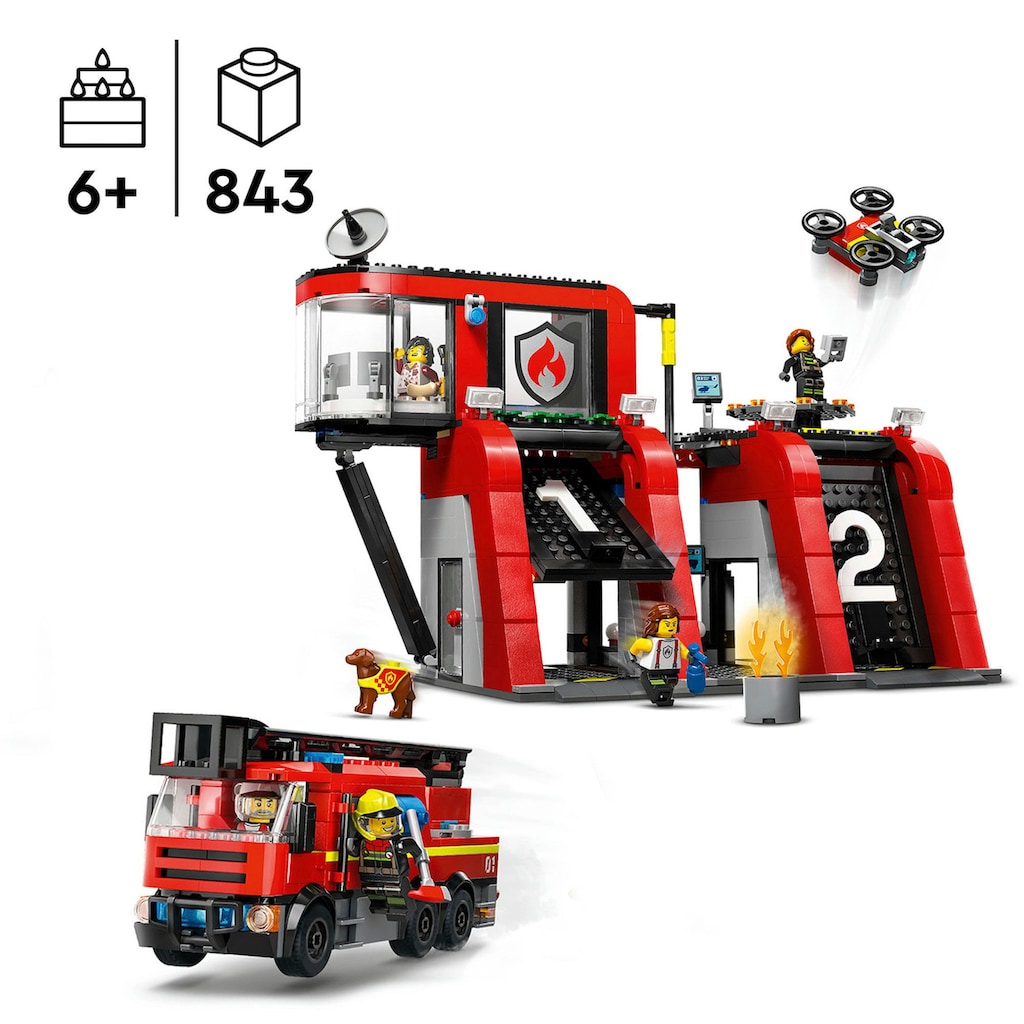 LEGO® Konstruktionsspielsteine »Feuerwehrstation mit Drehleiterfahrzeug (60414), LEGO City«, (843 St.)