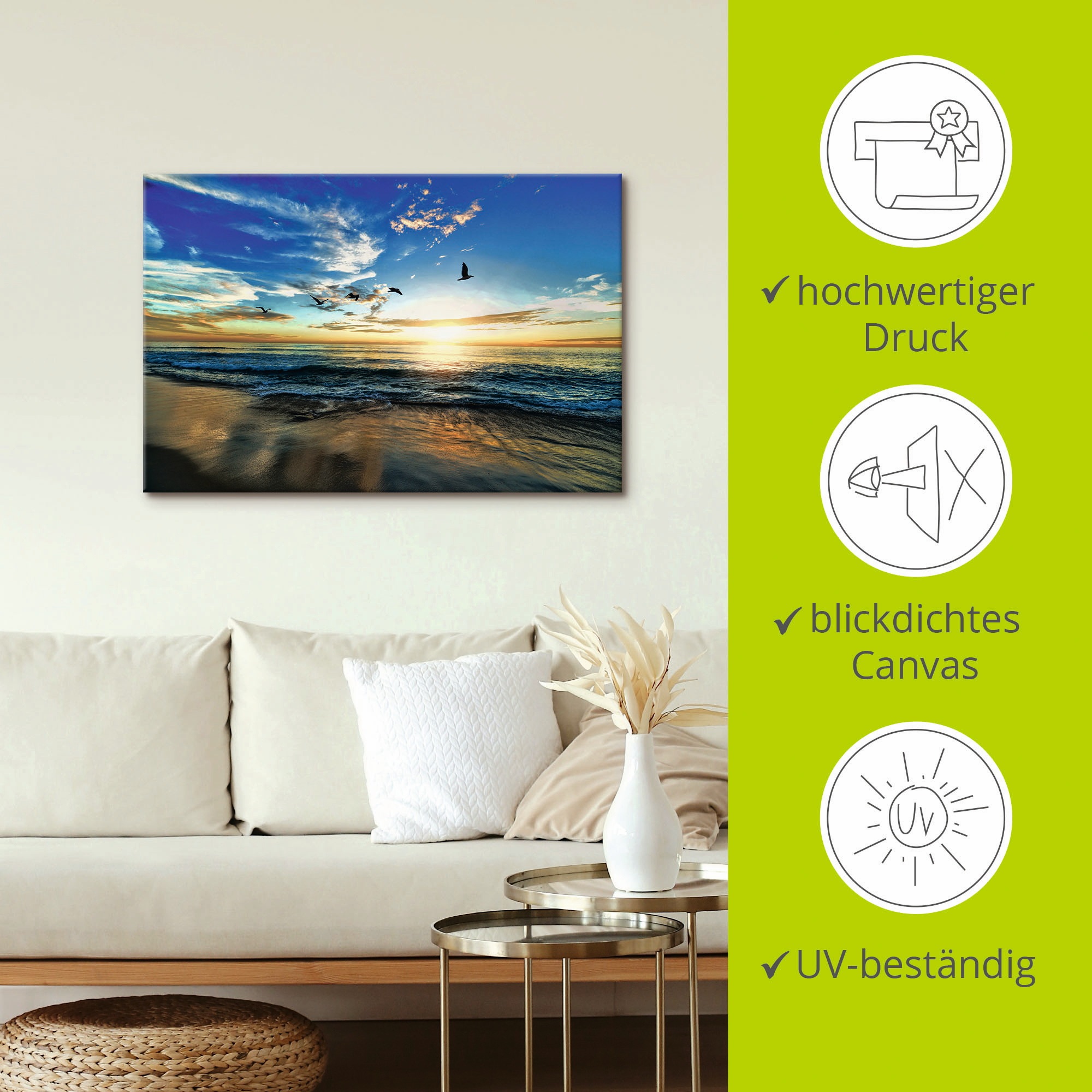 Artland Wandbild »Strand Möwen Meer Sonnenuntergang«, Sonnenaufgang & -untergang, (1 St.), als Alubild, Outdoorbild, Leinwandbild, Poster, Wandaufkleber