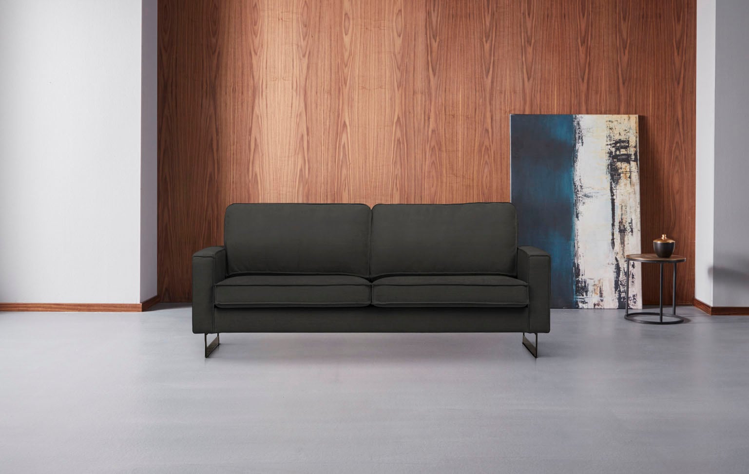 Home affaire 3-Sitzer »Pinto, 206 cm, Cord, Chenille, Lederoptik« mit Keder, schwarze Metallfüße, Wellenunterfederung