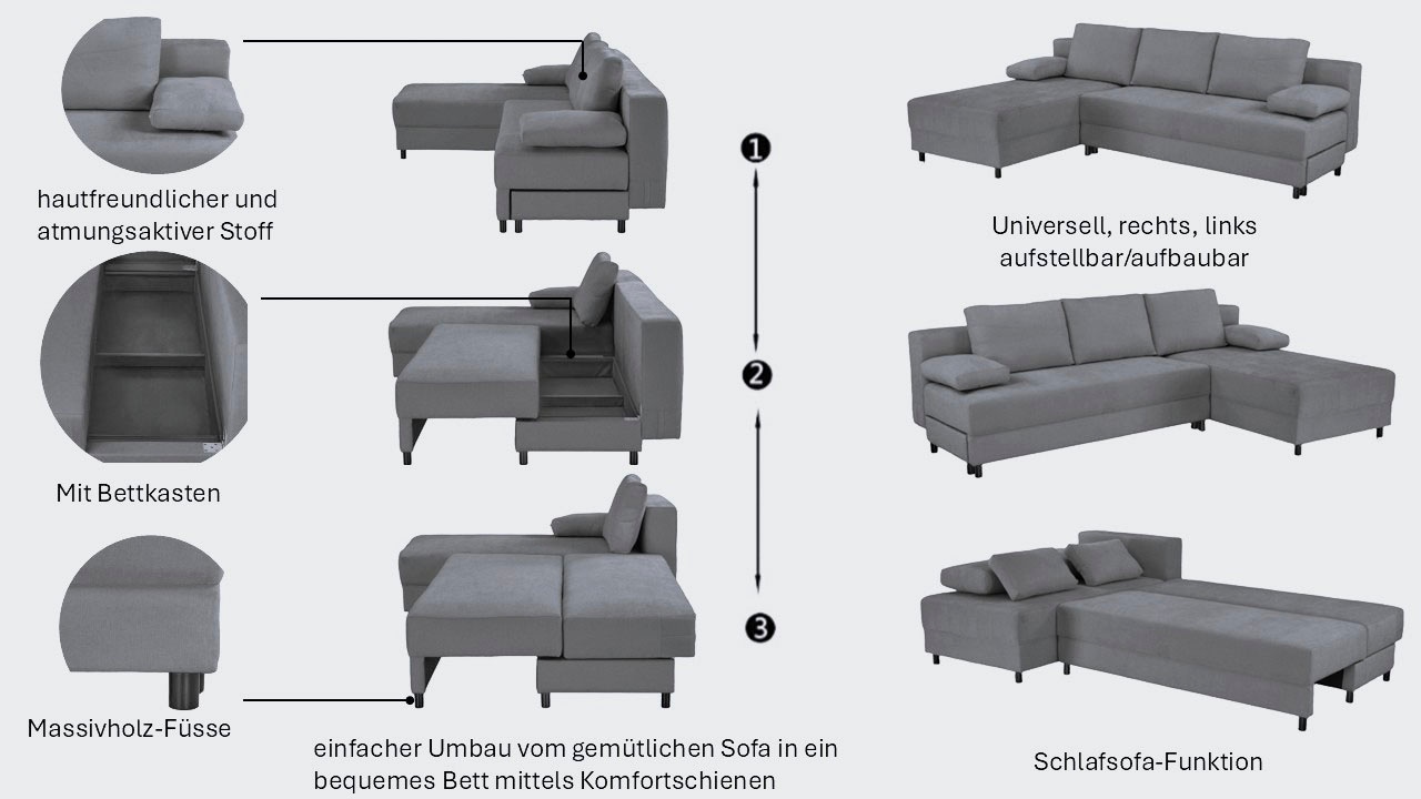 OTTO home Schlafsofa »ONNIKO Ecksofa L-Form, Breite: 240 cm, Feinstruktur-Bezug« mit Bettfunktion & Bettkasten (Liegefläche 120 cm / 240 cm)