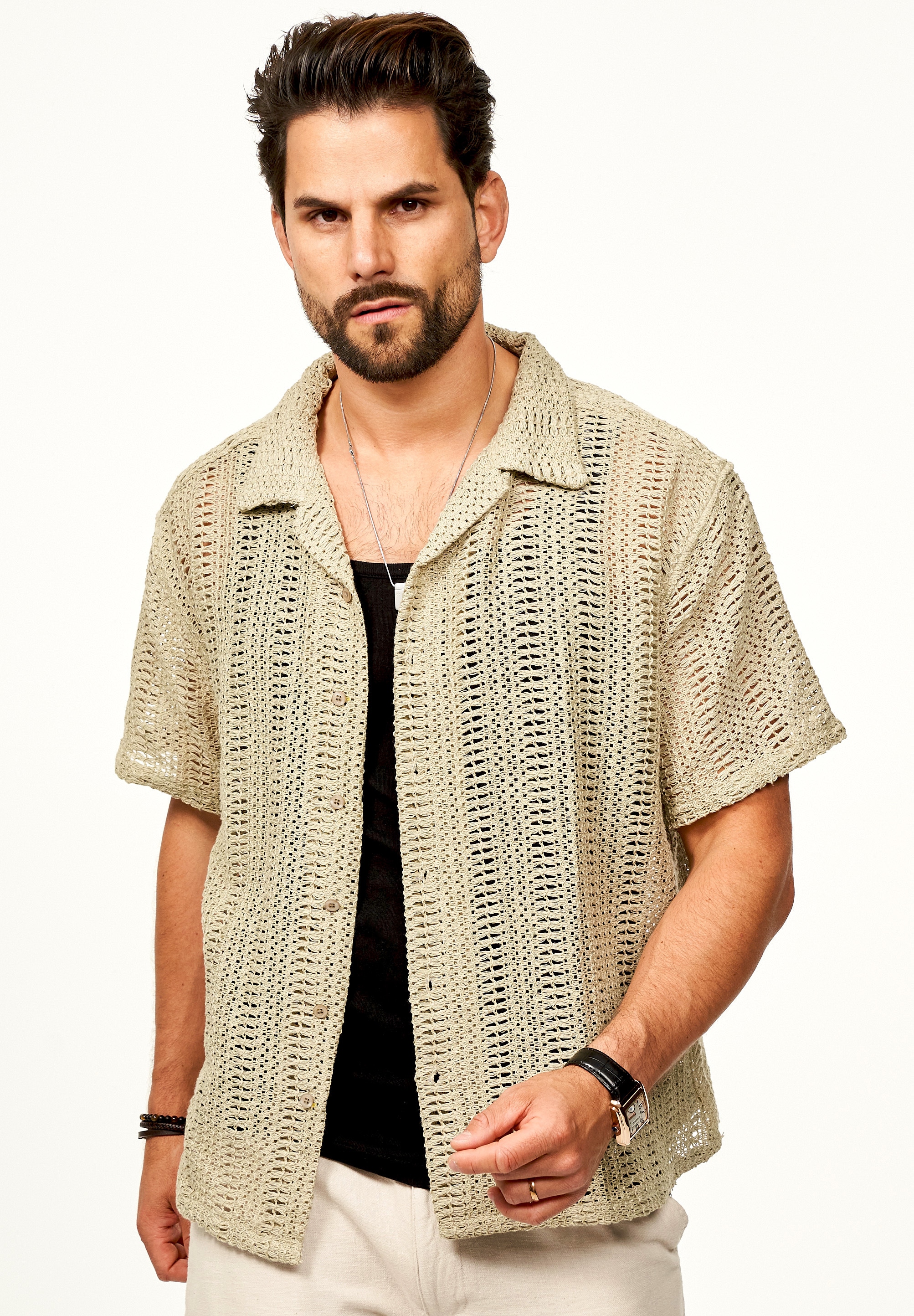 SOULSTAR Kurzarmhemd »Freizeithemd als Kurzam Strick Hemd im Retro-Look - Strick Polo-Hemd Overshirt im Regular-Fit für Herren« Strick Polo-Hemd T-Shirt im Regular-Fit