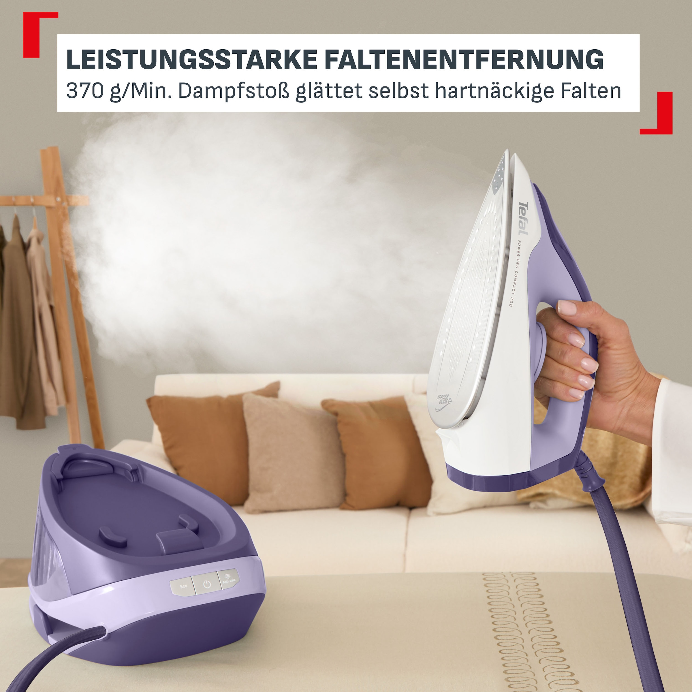 Tefal Dampfbügelstation »Power Pro Compact 200« 1.700 ml Wassertank 2400 W, 120 g/min Dampfmenge, 370 g/min Dampfstoß, 1,7 L Wassertank