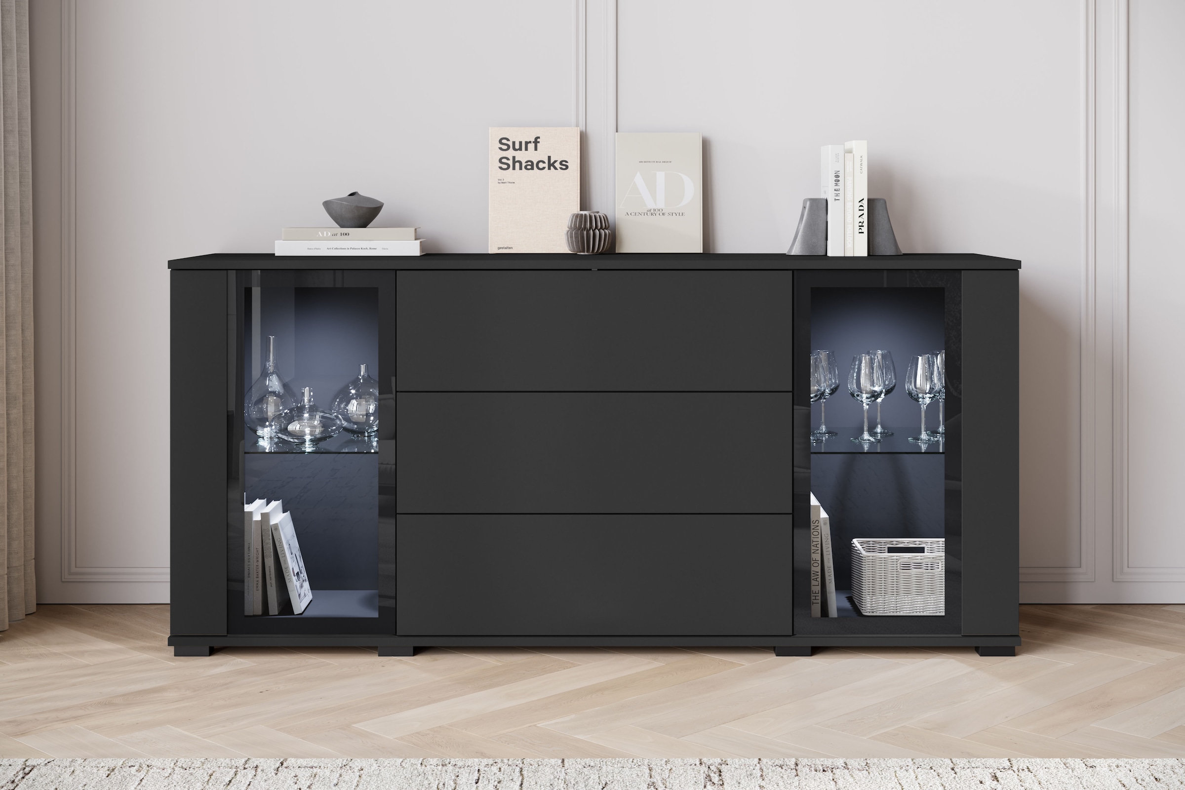 INOSIGN Sideboard »modernes Design mit Glaseinsätzen und 3 Schubladen, Breite 150 cm«, (1 St.), Grifflose Fronten mit Push-to-Open, höhenverstellbare Einlegeböden