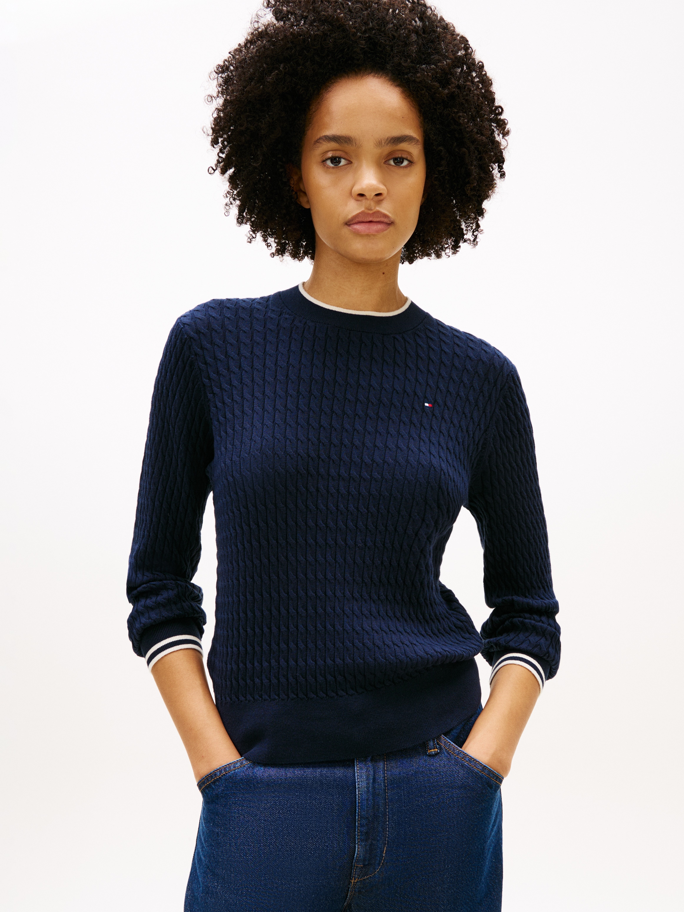 Tommy Hilfiger Rundhalspullover »CO CABLE C-NK LS SWEATER« Baumwolle, mit Zopfmuster, Regular Fit