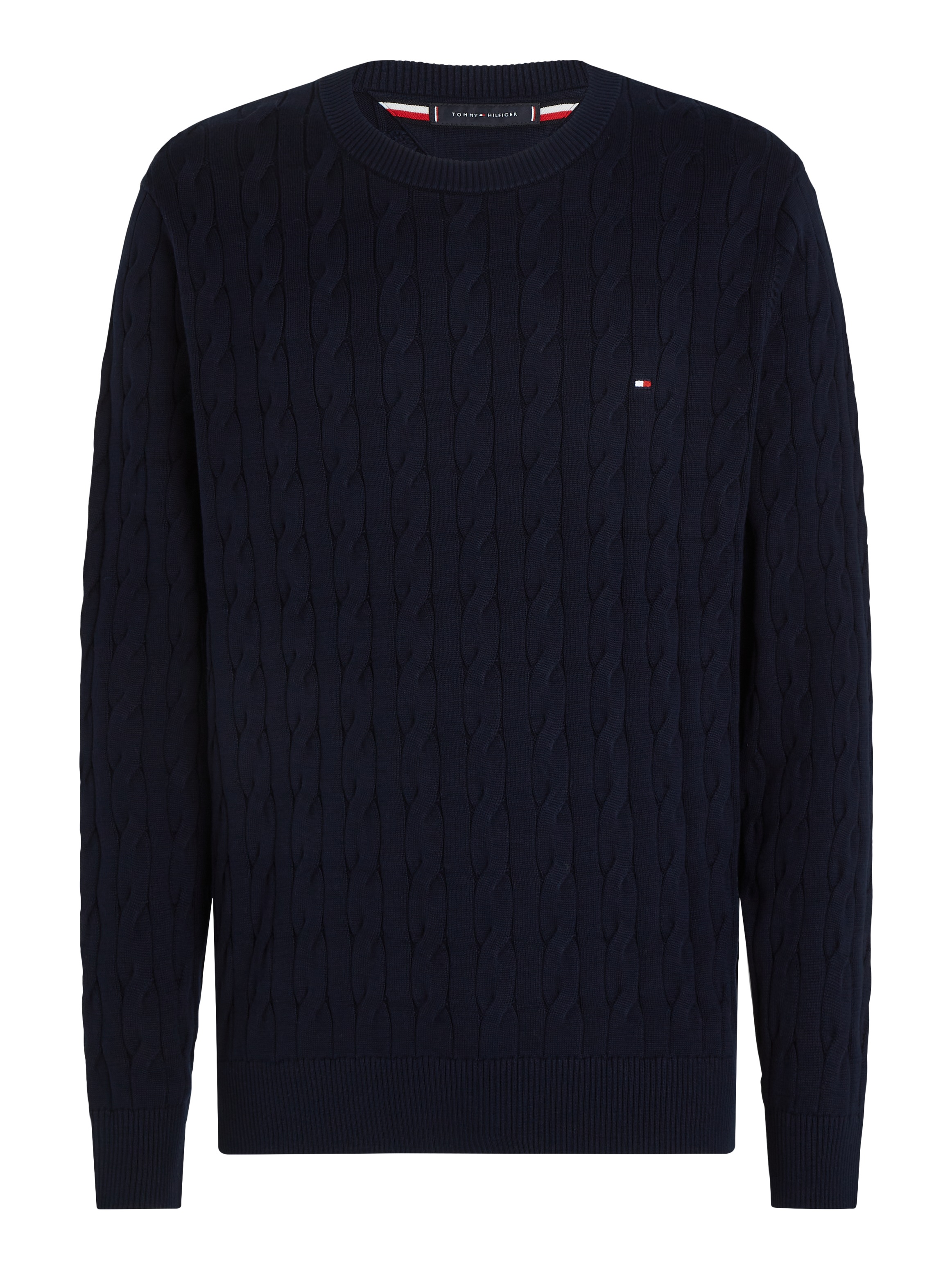 Tommy Hilfiger Strickpullover »CLASSIC CABLE CREW NECK mit Strukturstrick und Flaglabel«, unifarben, casual, regular fit, Baumwolle, Rundhals