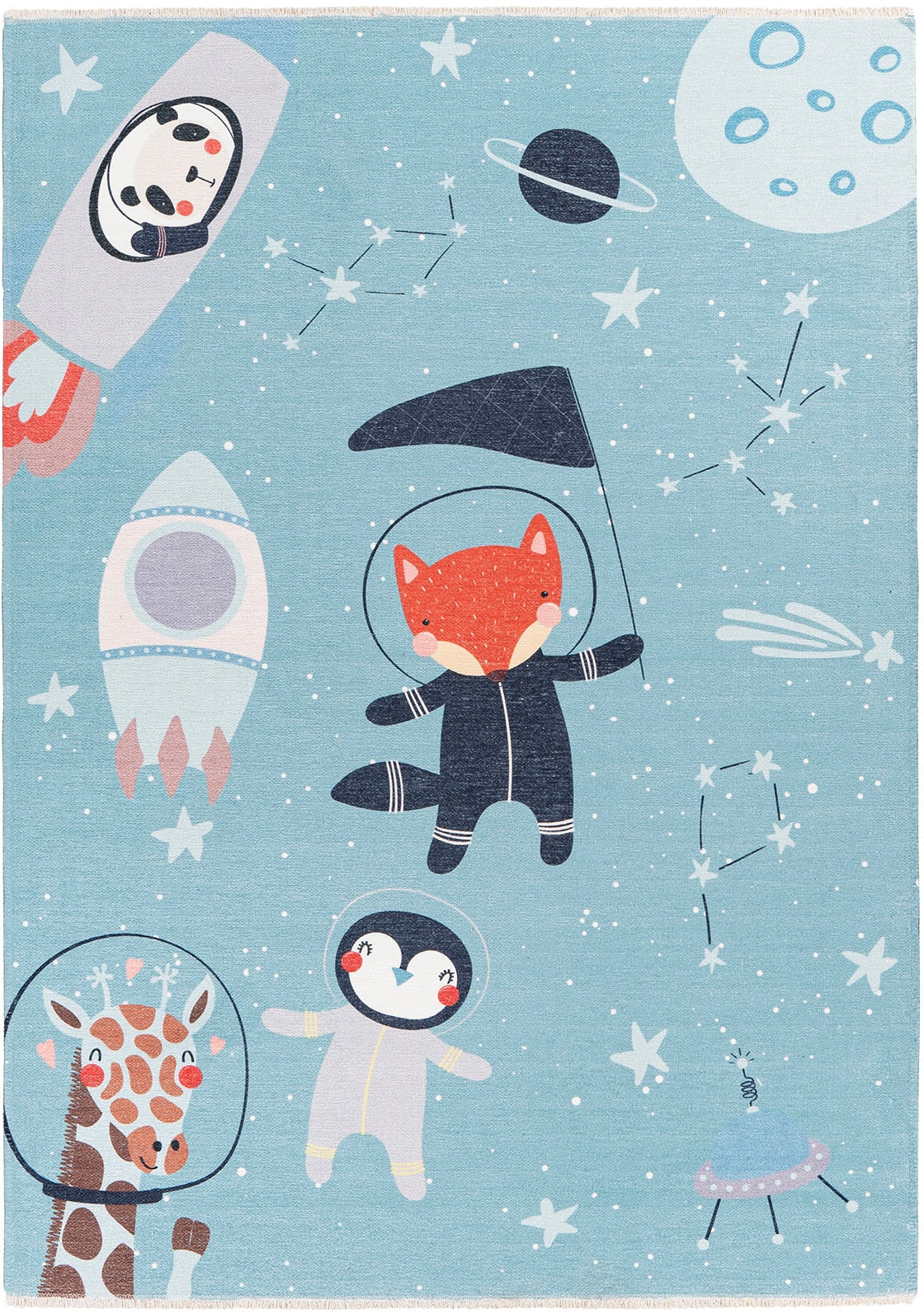 Obsession Kinderteppich »My Greta 600« rechteckig 6 mm Höhe Kurzflor, Motiv Tiere im Weltraum, mit Fransen, Kinderzimmer