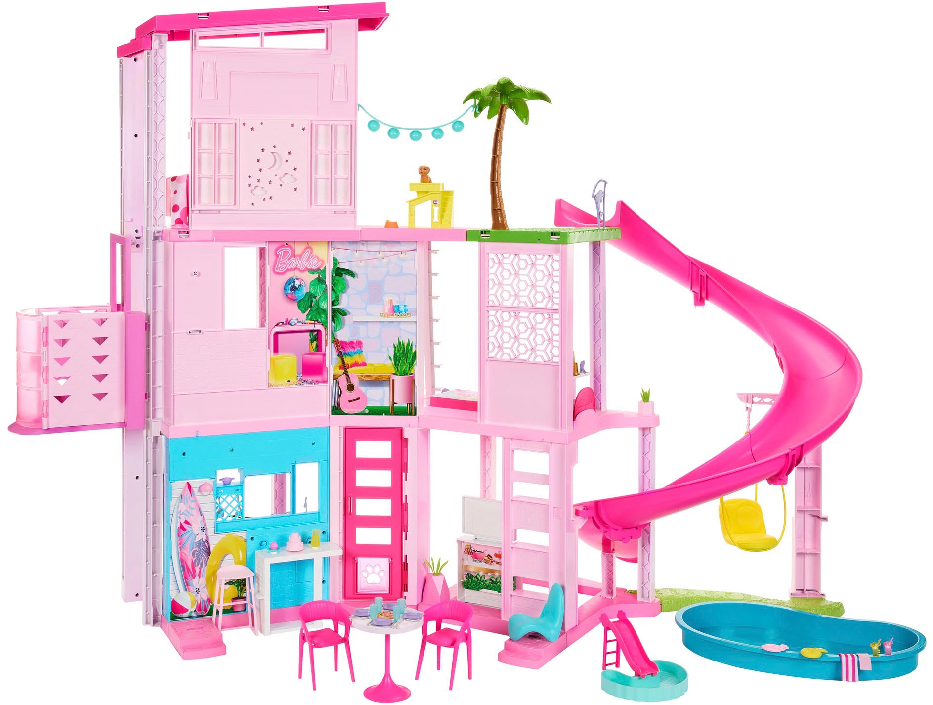 Barbie Puppenhaus »Traumvilla«, mit 3 Etagen, Licht- und Soundeffekt, Wendelrutsche, Balkon und Pool