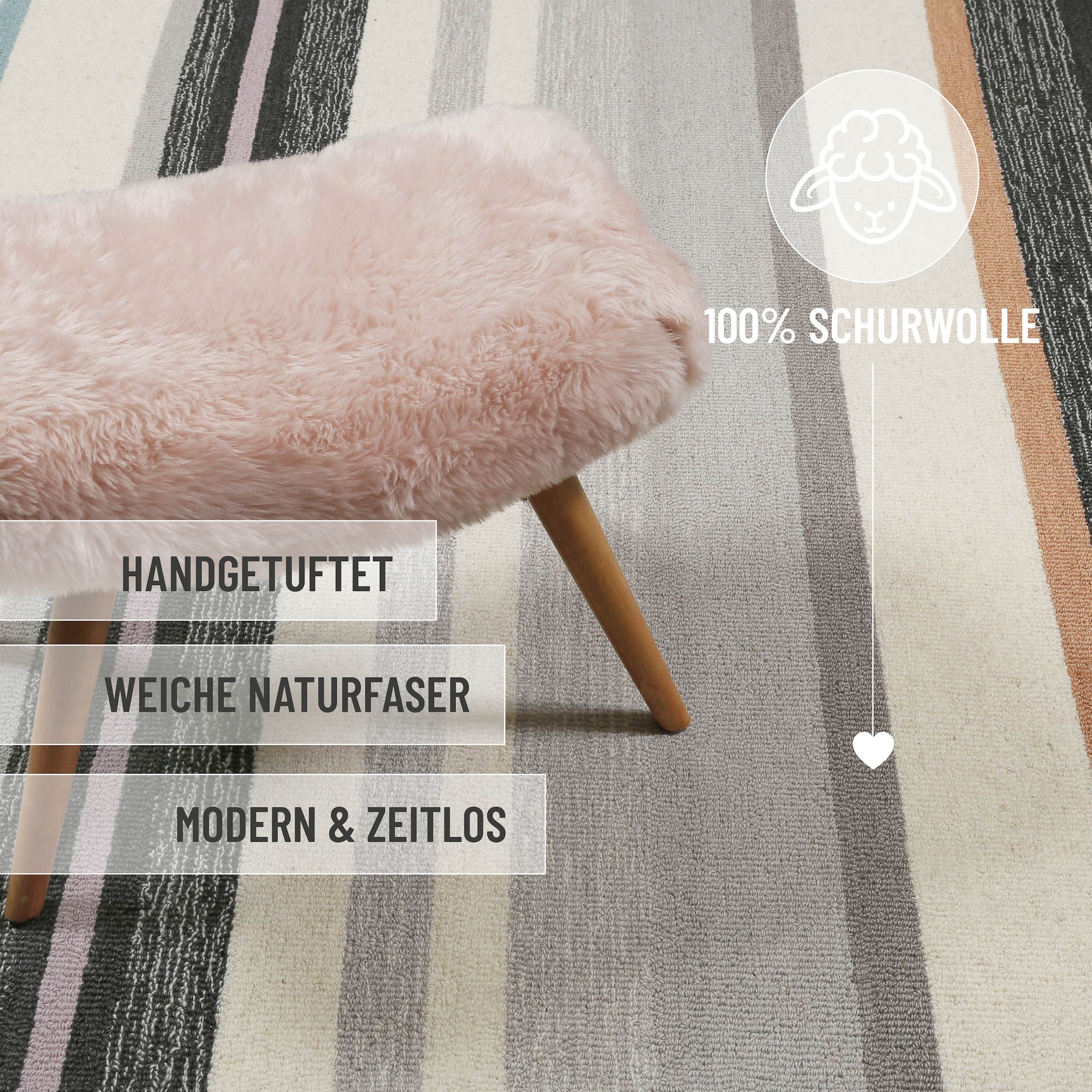Wecon home Teppich »Sally«, rechteckig, 7 mm Höhe, handgefertigt, gestreift, pflegeleicht, Wolle, Wohnzimmer, Esszimmer