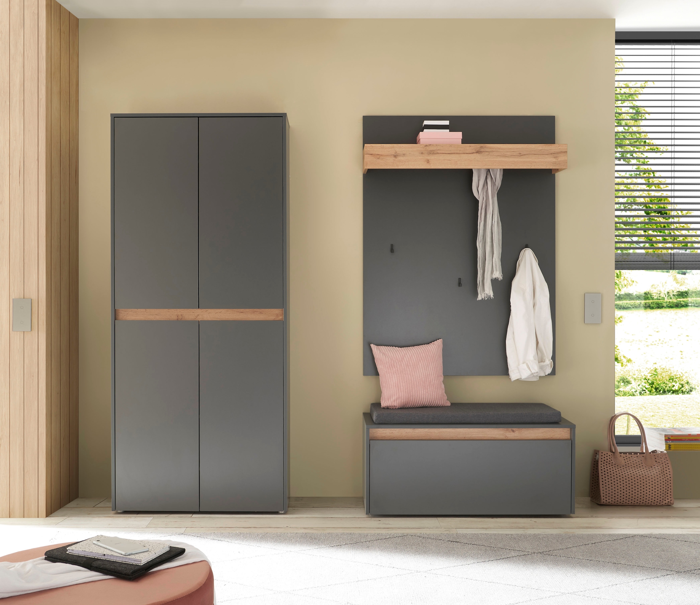 INOSIGN Garderoben-Set »City/Giron, moderne Garderobe, viel Stauraum, ca. 40 Schuhe«, (Set, 3 St.), enthält Schuhschrank, Garderobenpaneel & Garderobenbank mit Sitzkissen