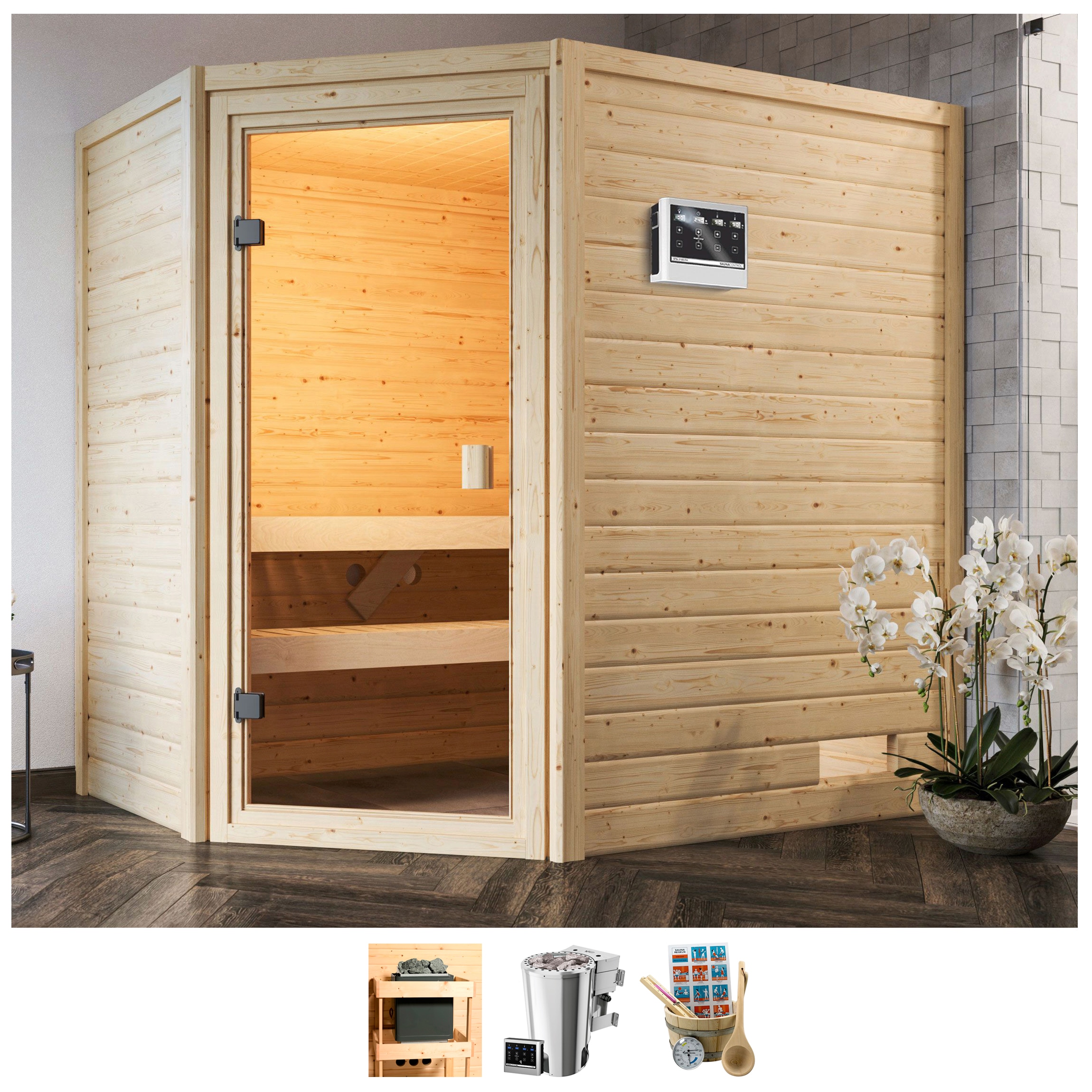 Sauna »Juli«, 3,6-kW-Bio-Plug & Play Ofen mit ext. Steuerung