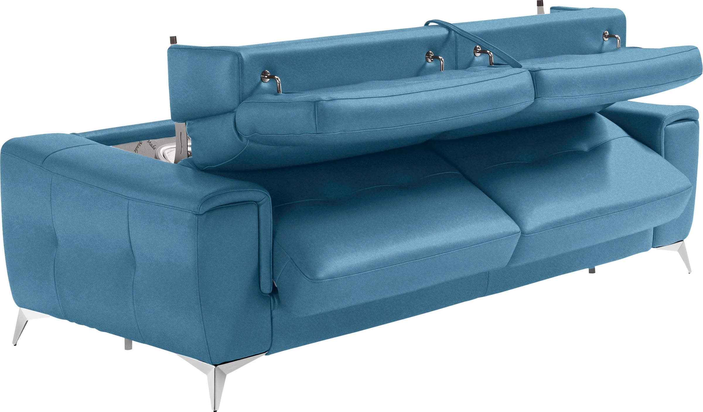 Egoitaliano Schlafsofa »Francine Designsofa, Loungesofa mit Dauerschlaffunktion, Breite 233 cm«, Bettfunktion, Luxus-Microfaser Lederoptik, ozeanblau, Fußfarbe chrom