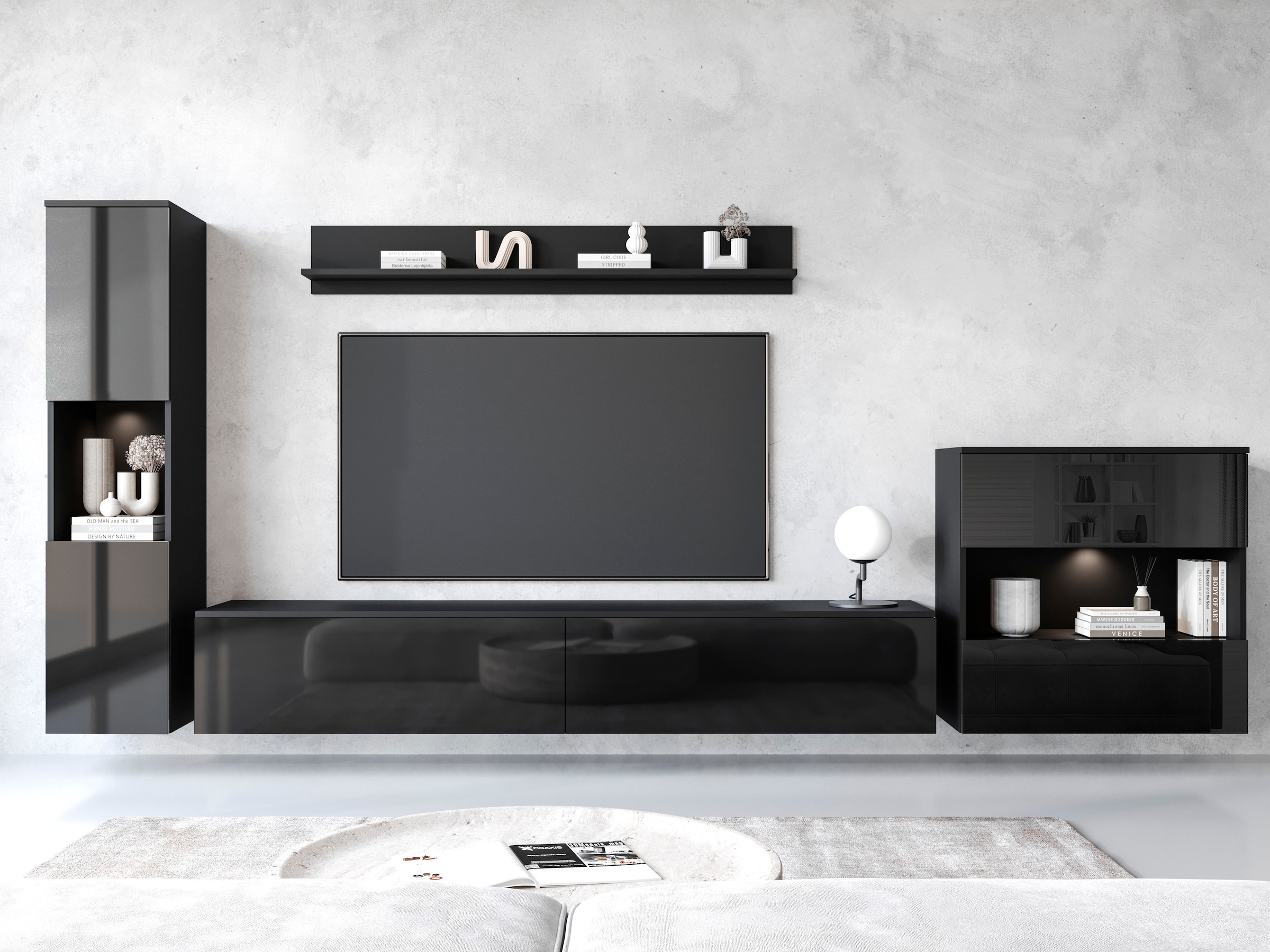 INOSIGN Wohnwand »PARIS, Vitrine Türanschlag links/rechts wechselbar«, (Komplett-Set, 4 St.), grifflose Design, stehend und hängend montierbar