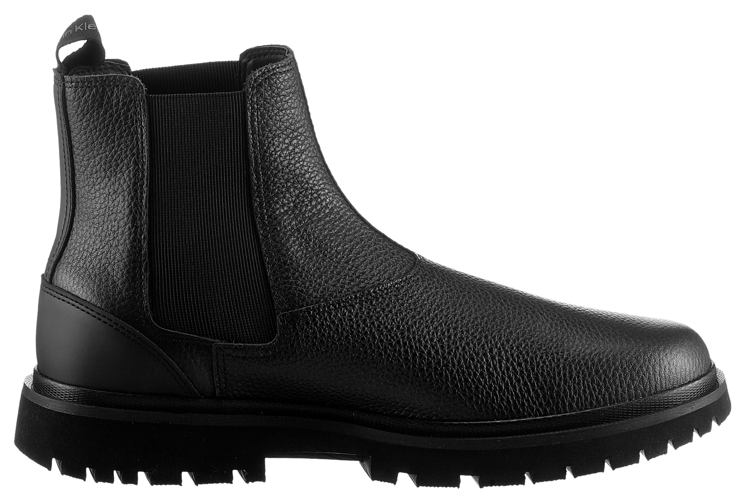 Calvin Klein Jeans Chelseaboots »EVA MID CHELSEA BOOT LTH«, Schlupfboots, Stiefelette mit seitlichem CK-Logo und Anziehlasche
