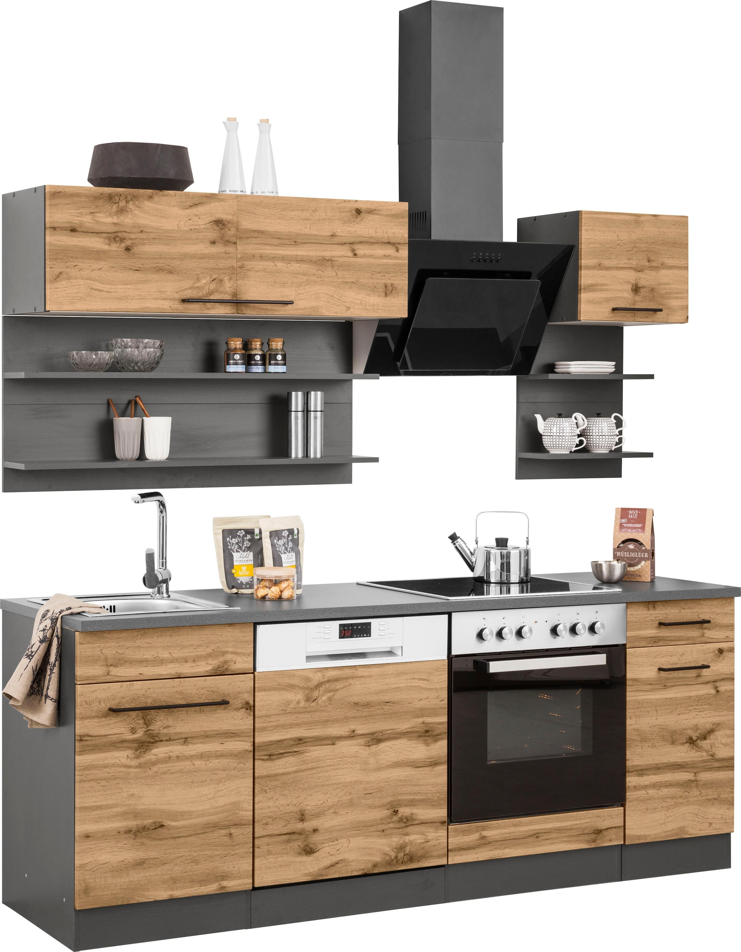 KOCHSTATION Küchenzeile »KS-Tulsa« ohne E-Geräte, Breite 210 cm, schwarze Metallgriffe, MDF Fronten